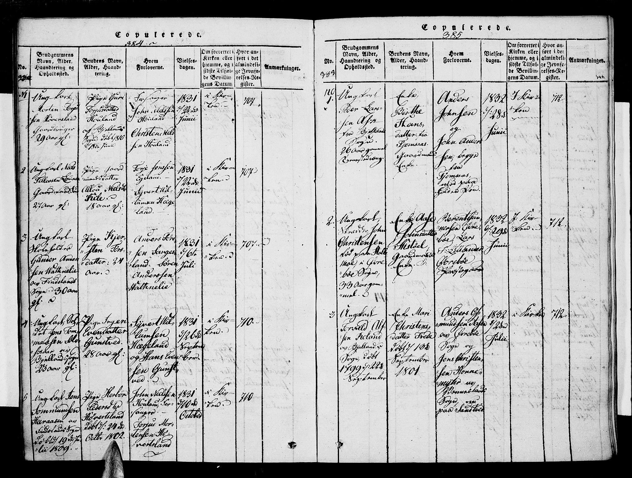 Vennesla sokneprestkontor, SAK/1111-0045/Fa/Faa/L0003: Parish register (official) no. A 3, 1820-1834, p. 384-385