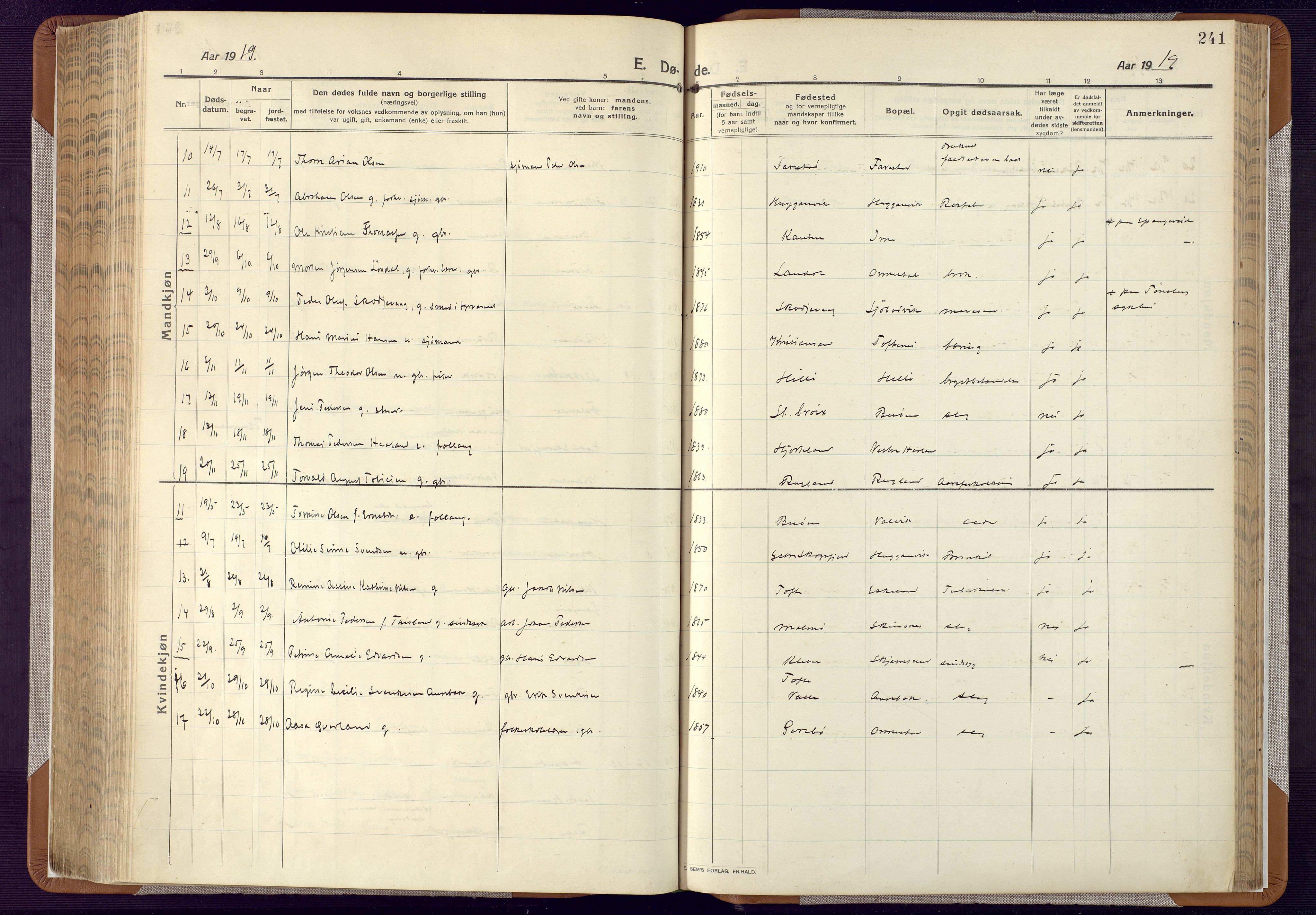 Mandal sokneprestkontor, AV/SAK-1111-0030/F/Fa/Faa/L0022: Parish register (official) no. A 22, 1913-1925, p. 241