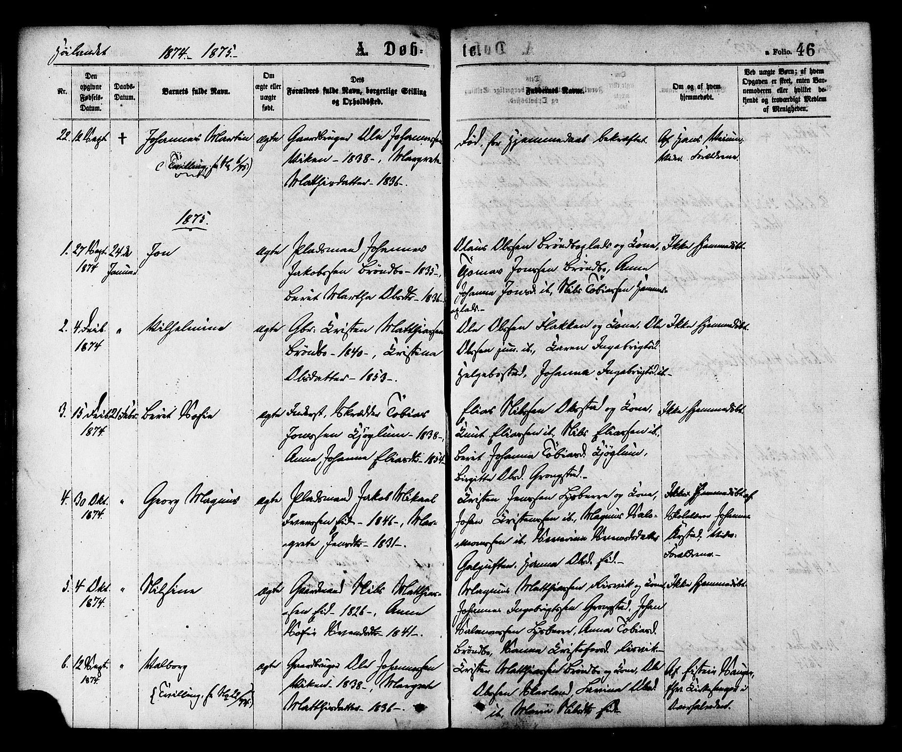 Ministerialprotokoller, klokkerbøker og fødselsregistre - Nord-Trøndelag, SAT/A-1458/758/L0516: Parish register (official) no. 758A03 /2, 1869-1879, p. 46