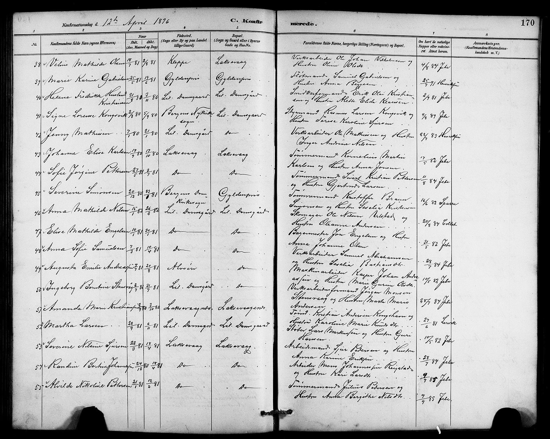Laksevåg Sokneprestembete, SAB/A-76501/H/Ha/Hab/Haba/L0003: Parish register (copy) no. A 3, 1887-1899, p. 170