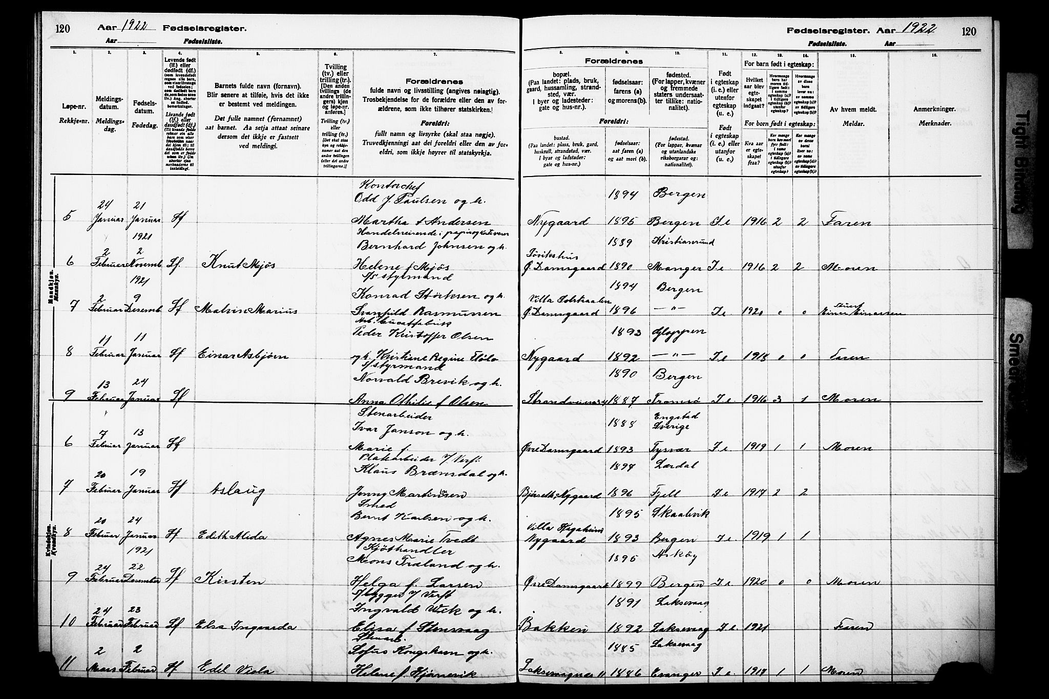 Laksevåg Sokneprestembete, AV/SAB-A-76501/I/Id/L00A1: Birth register no. A 1, 1916-1926, p. 120