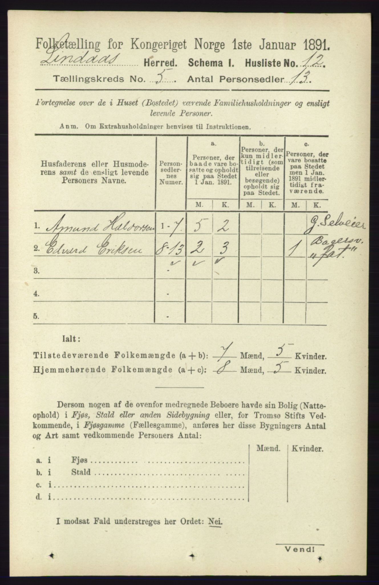 RA, 1891 census for 1263 Lindås, 1891, p. 1407