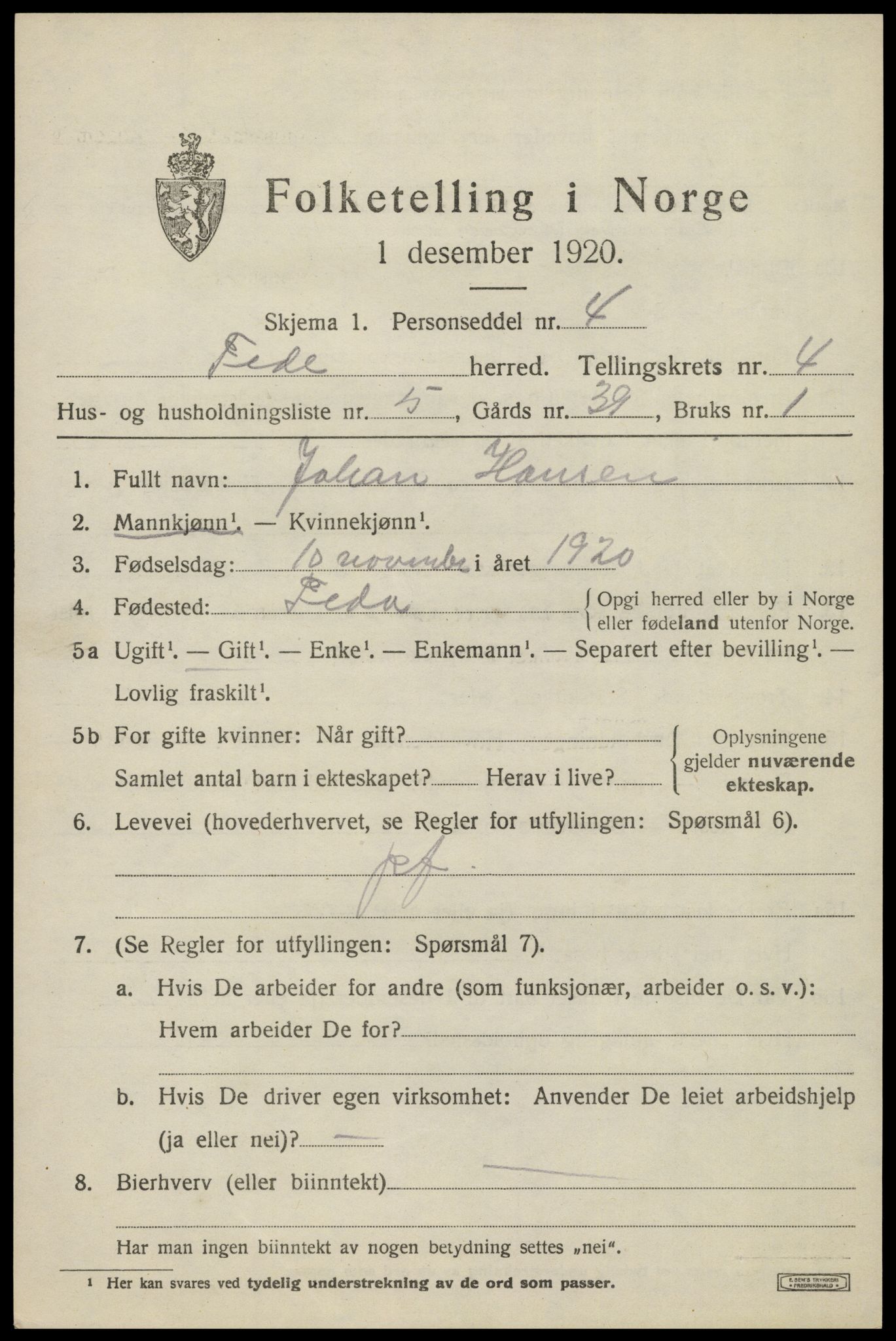 SAK, 1920 census for Feda, 1920, p. 1869