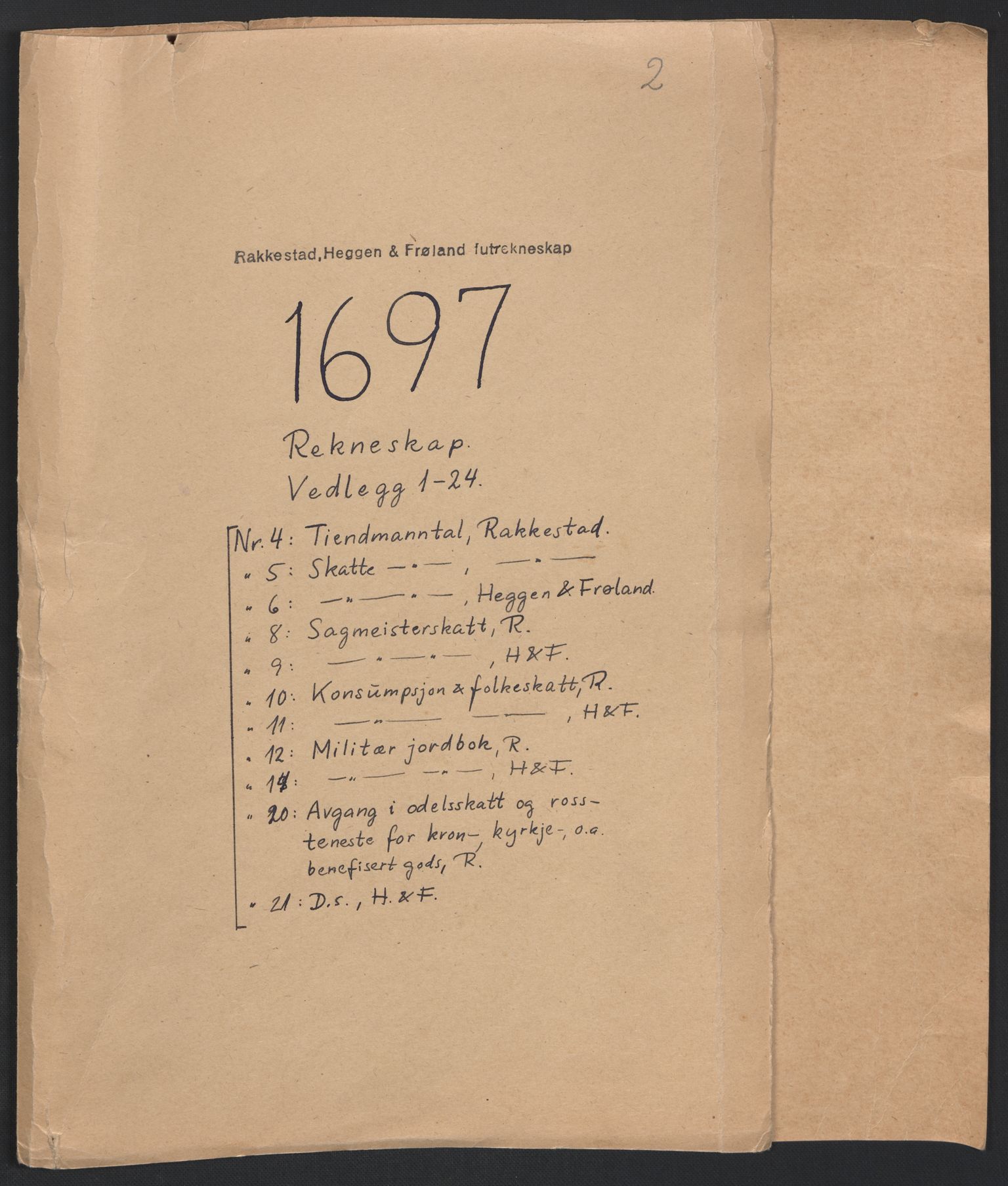Rentekammeret inntil 1814, Reviderte regnskaper, Fogderegnskap, AV/RA-EA-4092/R07/L0287: Fogderegnskap Rakkestad, Heggen og Frøland, 1697, p. 2