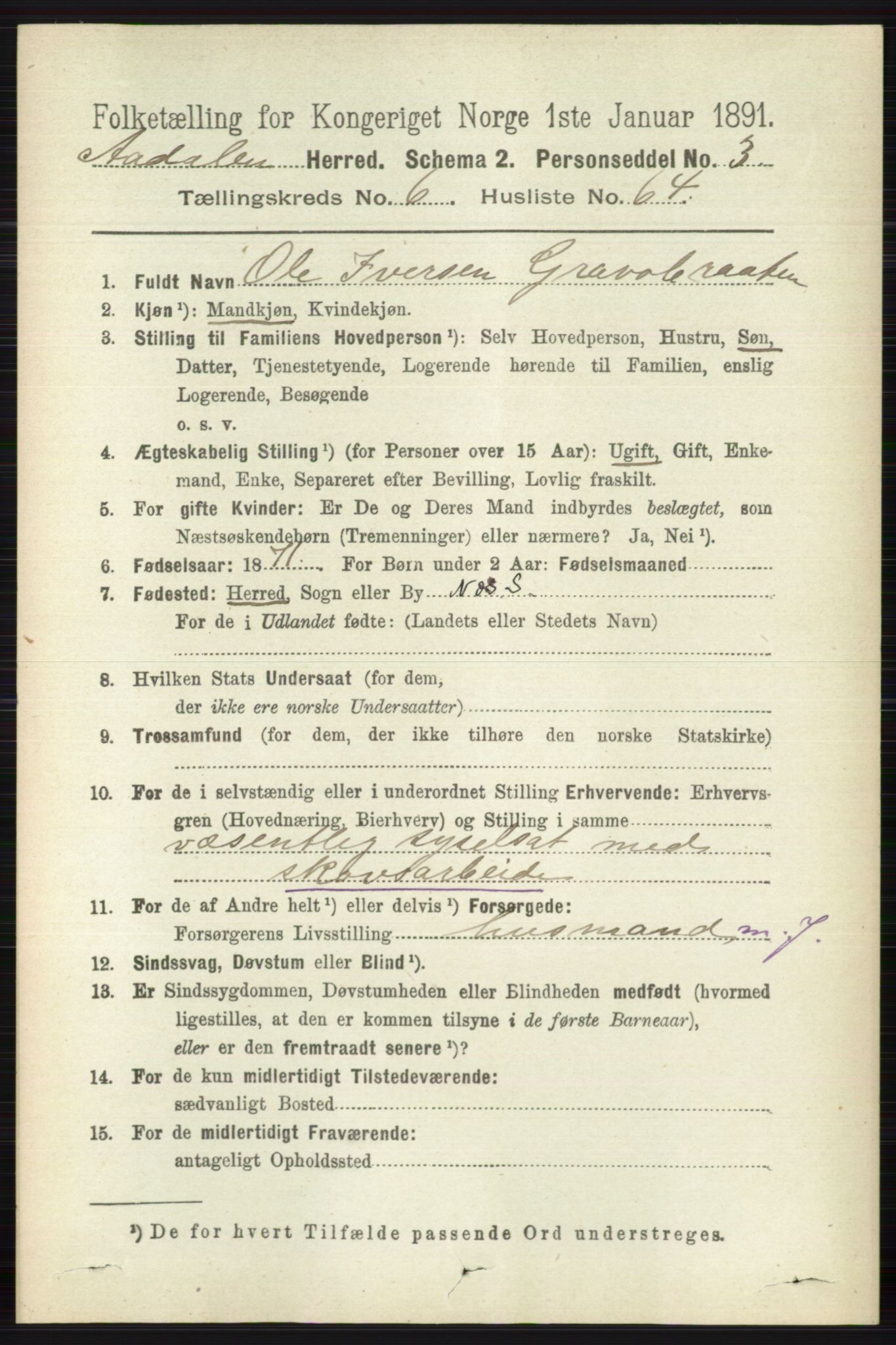 RA, 1891 census for 0614 Ådal, 1891, p. 2996