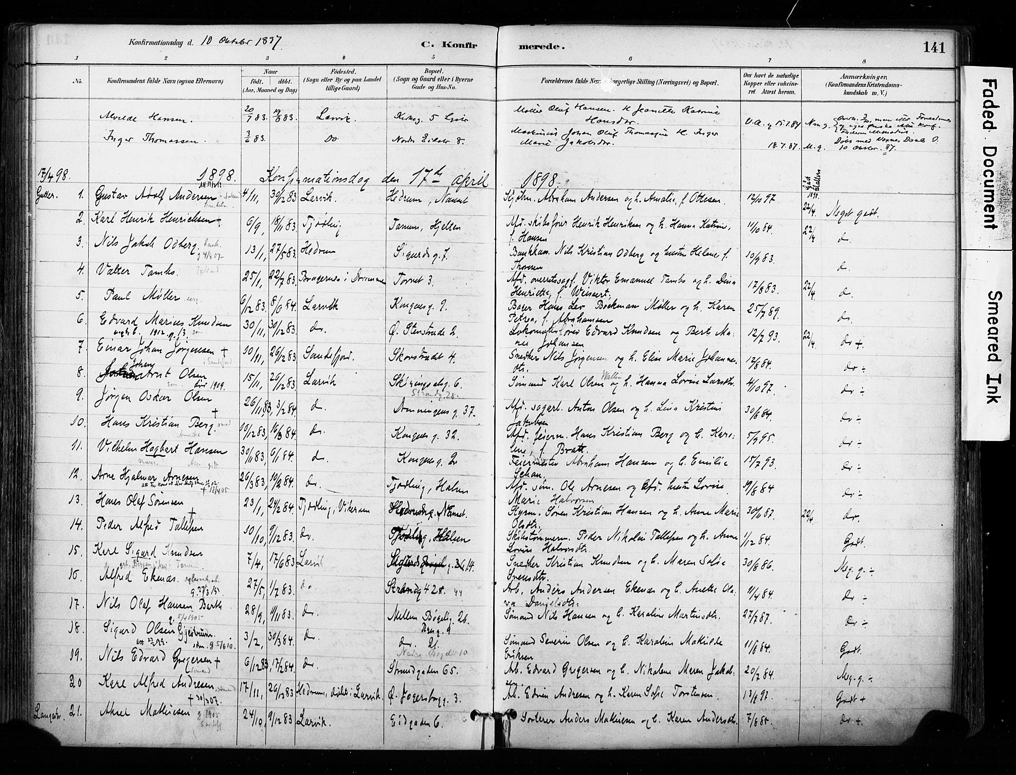 Larvik kirkebøker, SAKO/A-352/F/Fa/L0008: Parish register (official) no. I 8, 1884-1902, p. 141