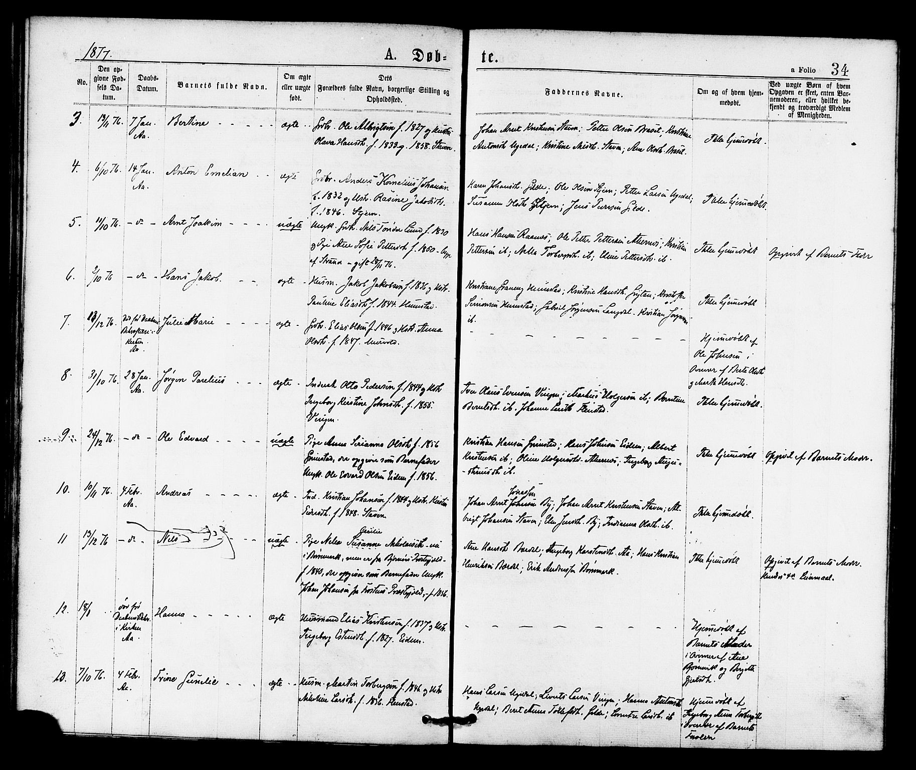 Ministerialprotokoller, klokkerbøker og fødselsregistre - Sør-Trøndelag, SAT/A-1456/655/L0679: Parish register (official) no. 655A08, 1873-1879, p. 34