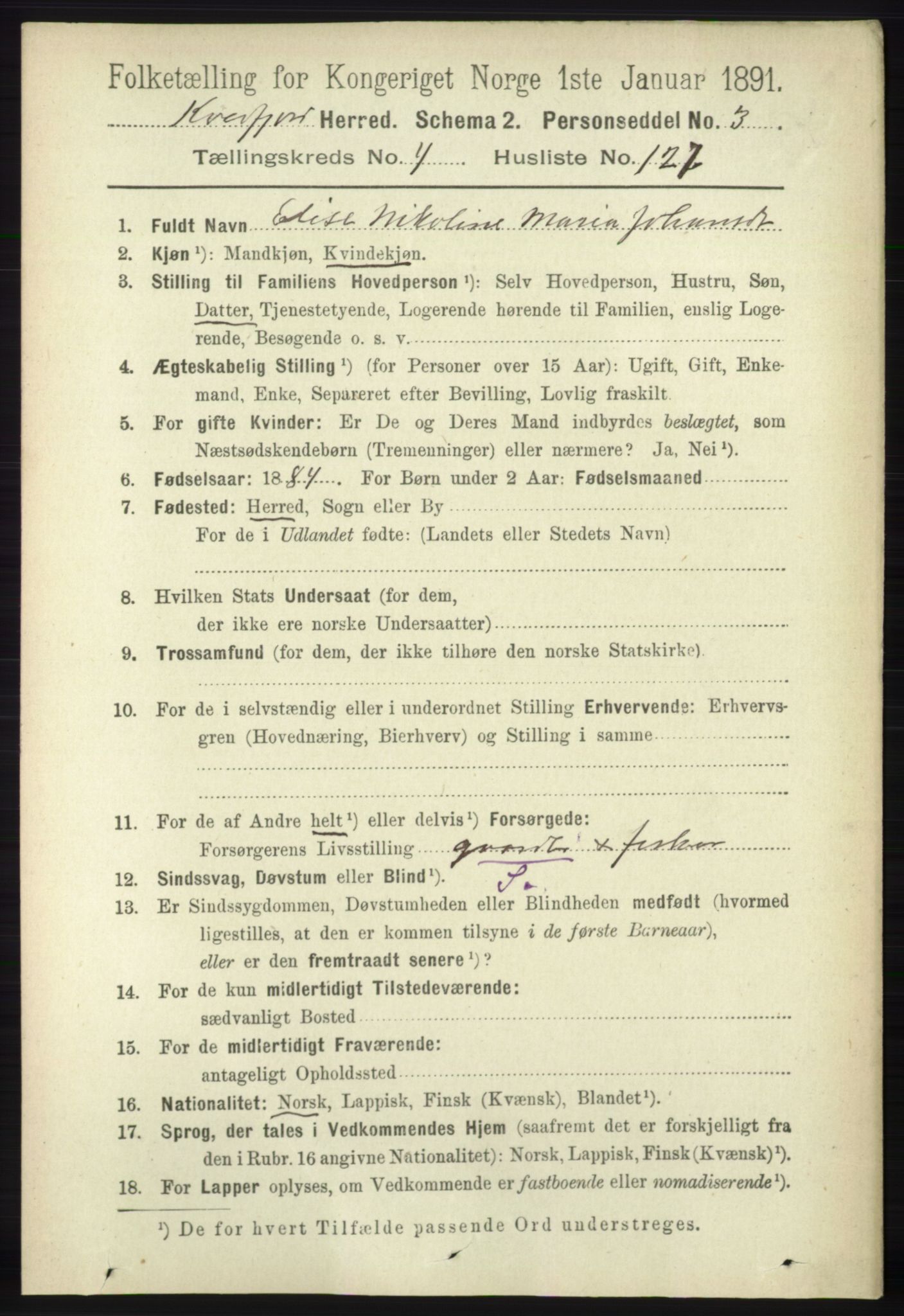 RA, 1891 census for 1911 Kvæfjord, 1891, p. 2696