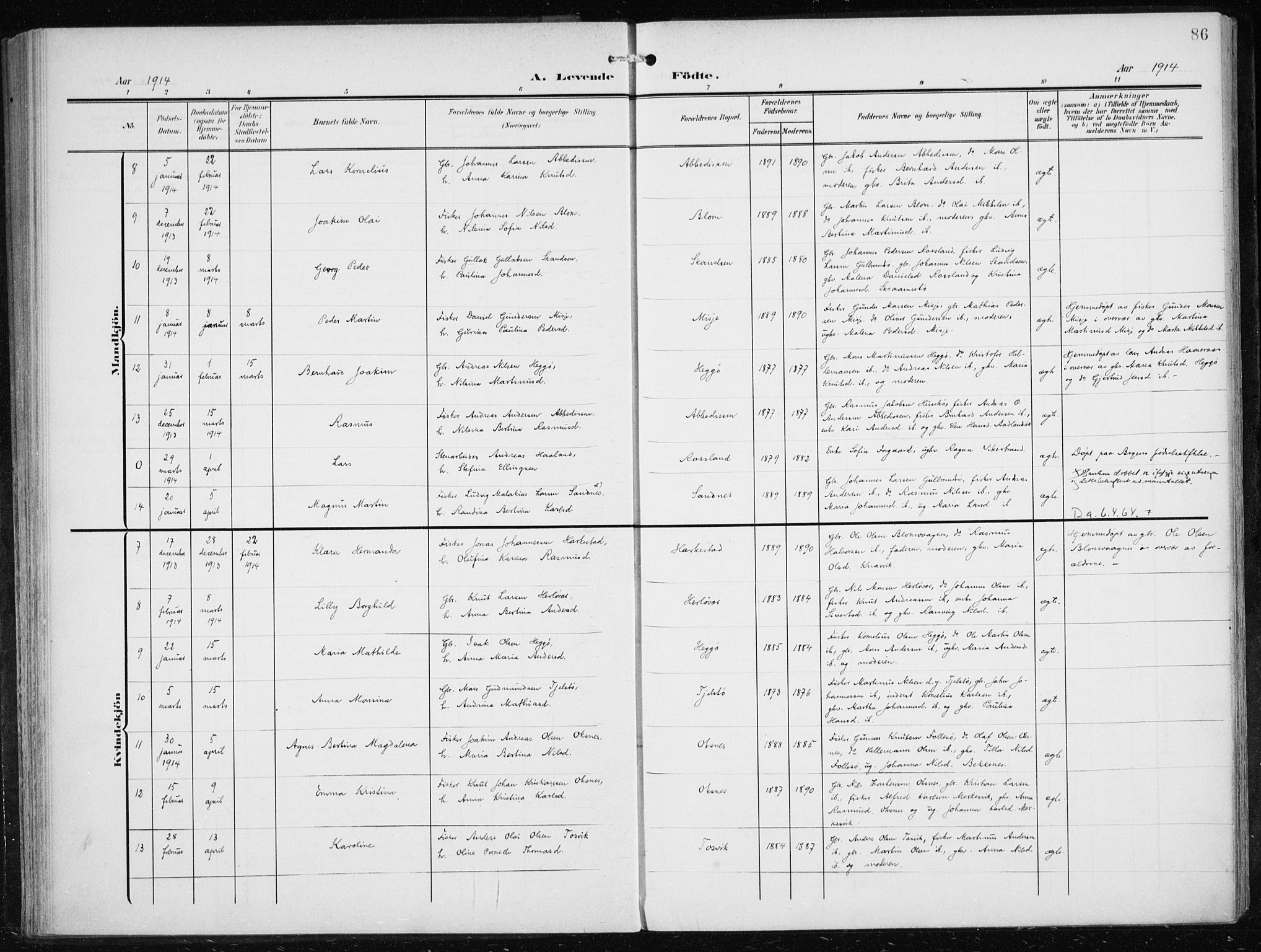 Herdla Sokneprestembete, SAB/A-75701/H/Haa: Parish register (official) no. A 5, 1905-1918, p. 86