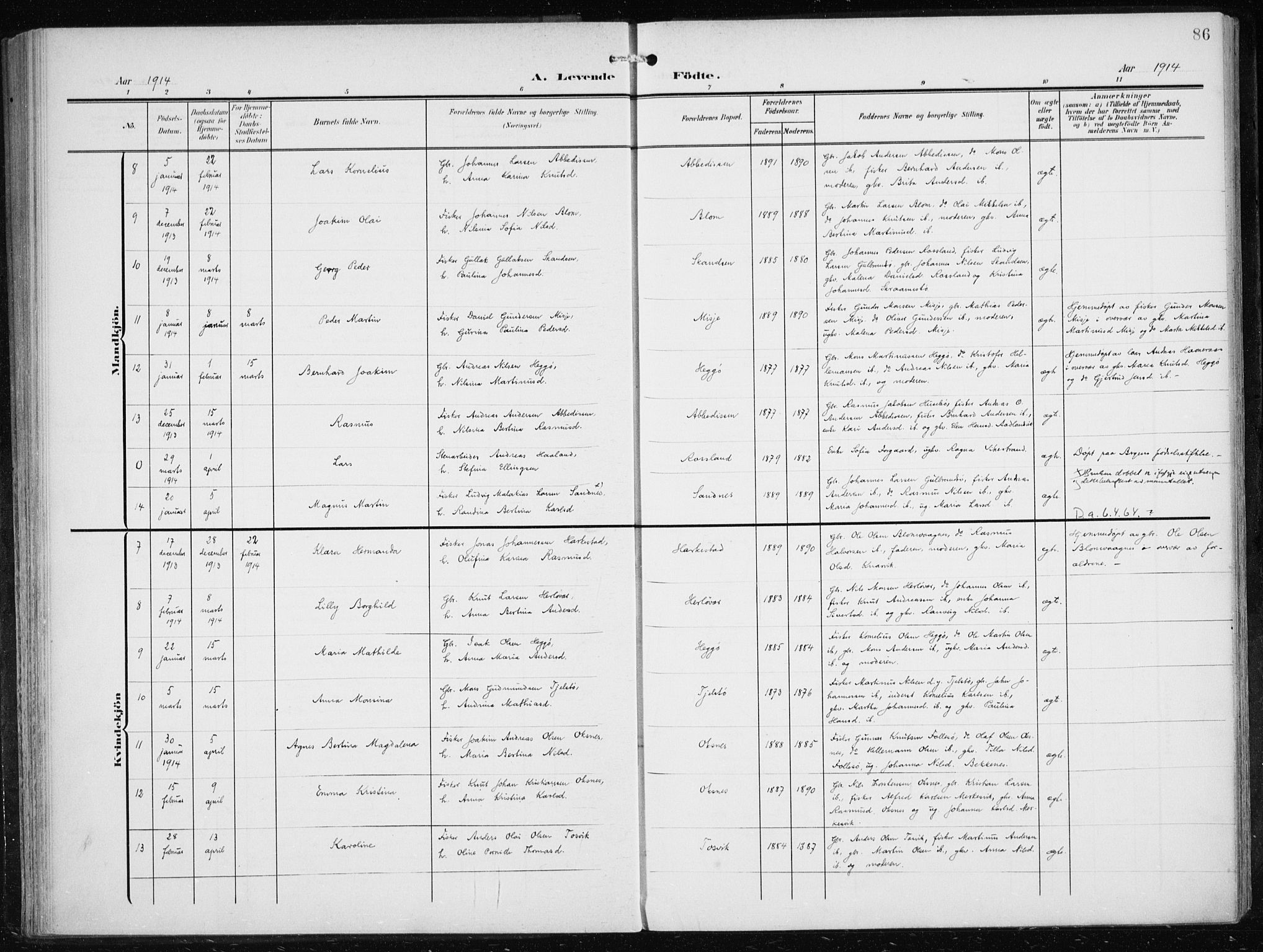 Herdla Sokneprestembete, AV/SAB-A-75701/H/Haa: Parish register (official) no. A 5, 1905-1918, p. 86