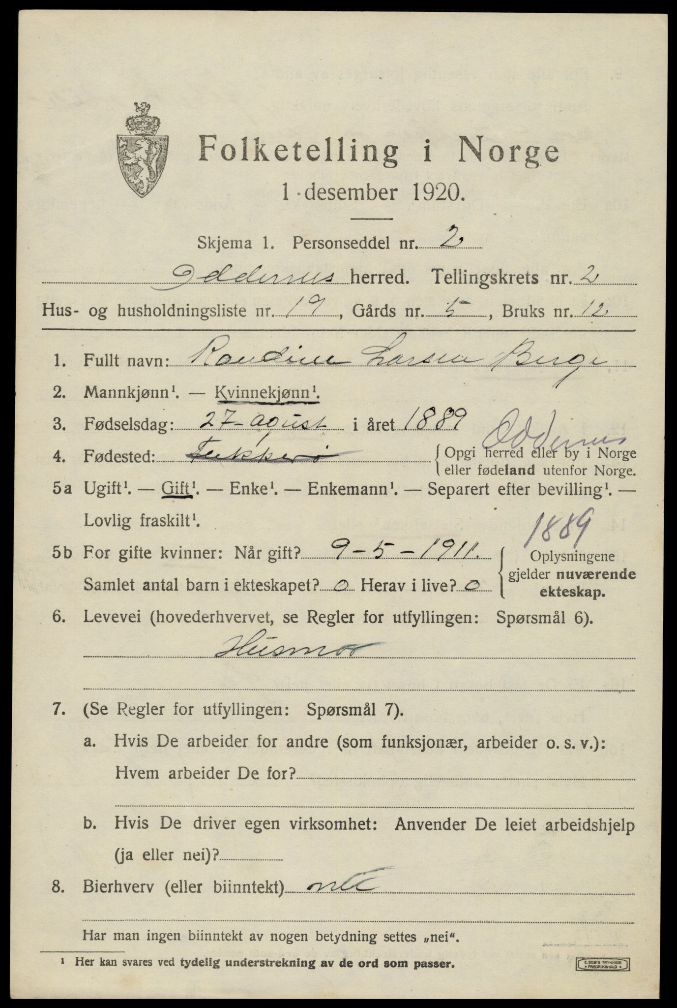 SAK, 1920 census for Oddernes, 1920, p. 3045