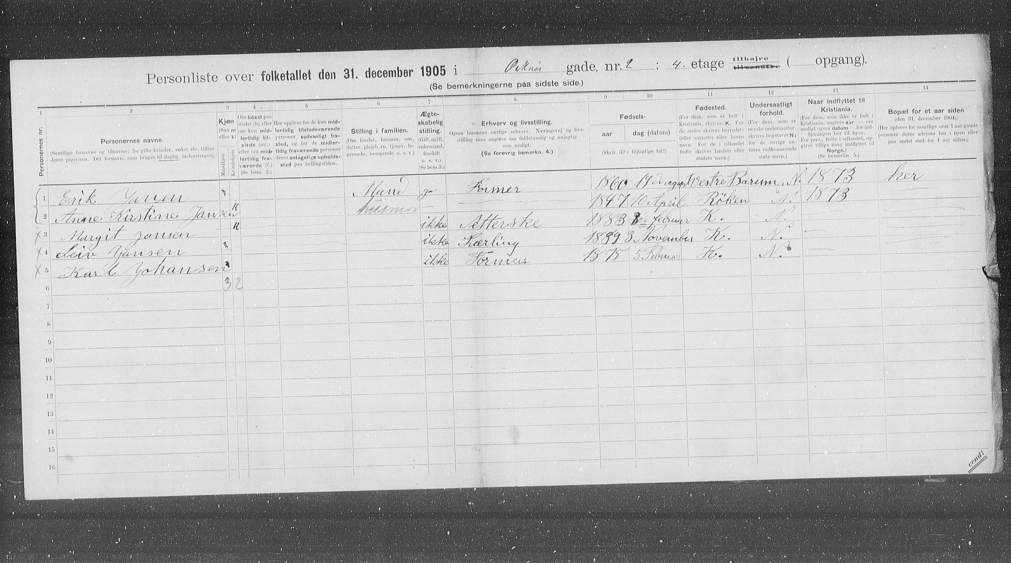 OBA, Municipal Census 1905 for Kristiania, 1905, p. 39919