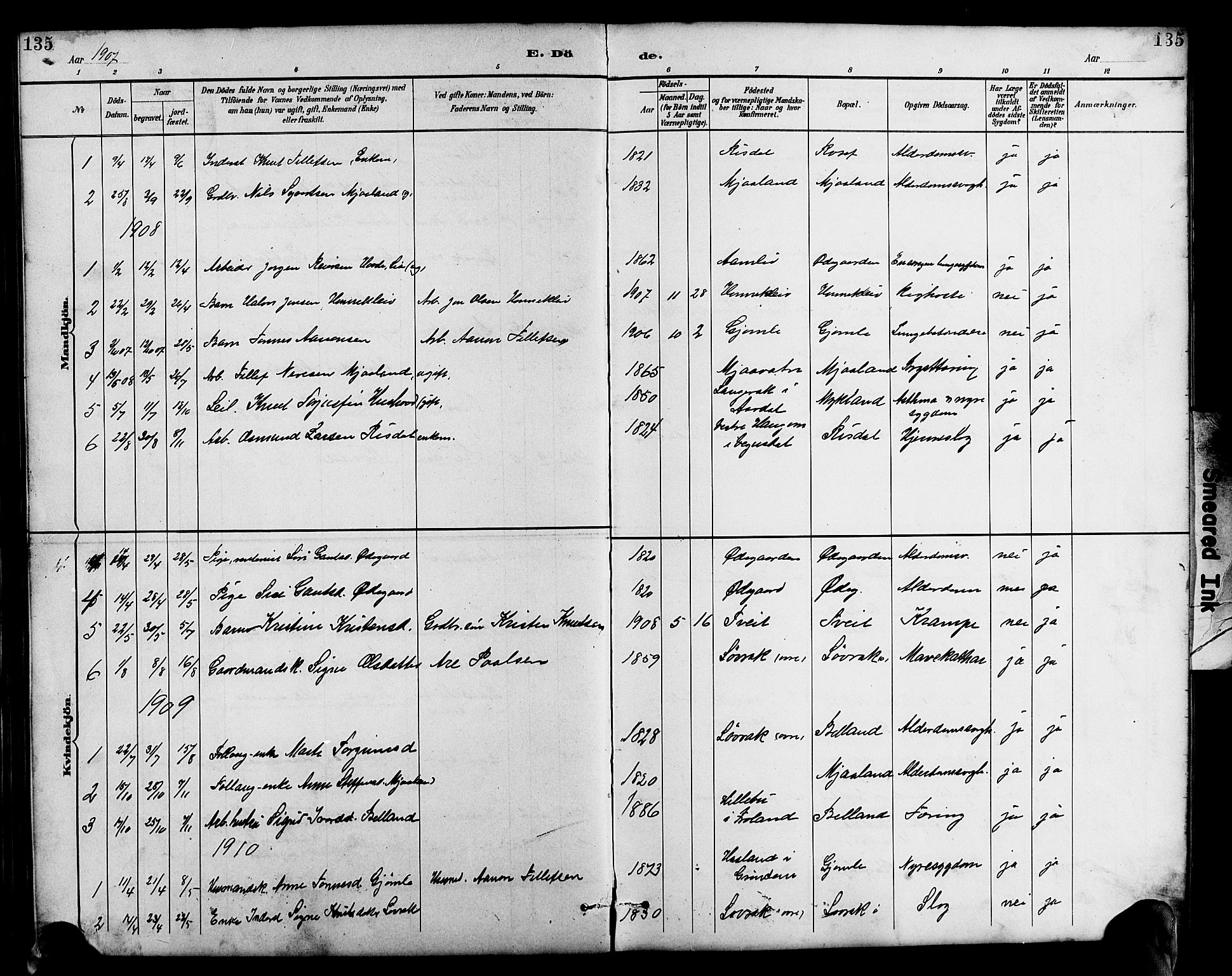 Herefoss sokneprestkontor, AV/SAK-1111-0019/F/Fb/Fbc/L0003: Parish register (copy) no. B 3, 1887-1915, p. 135