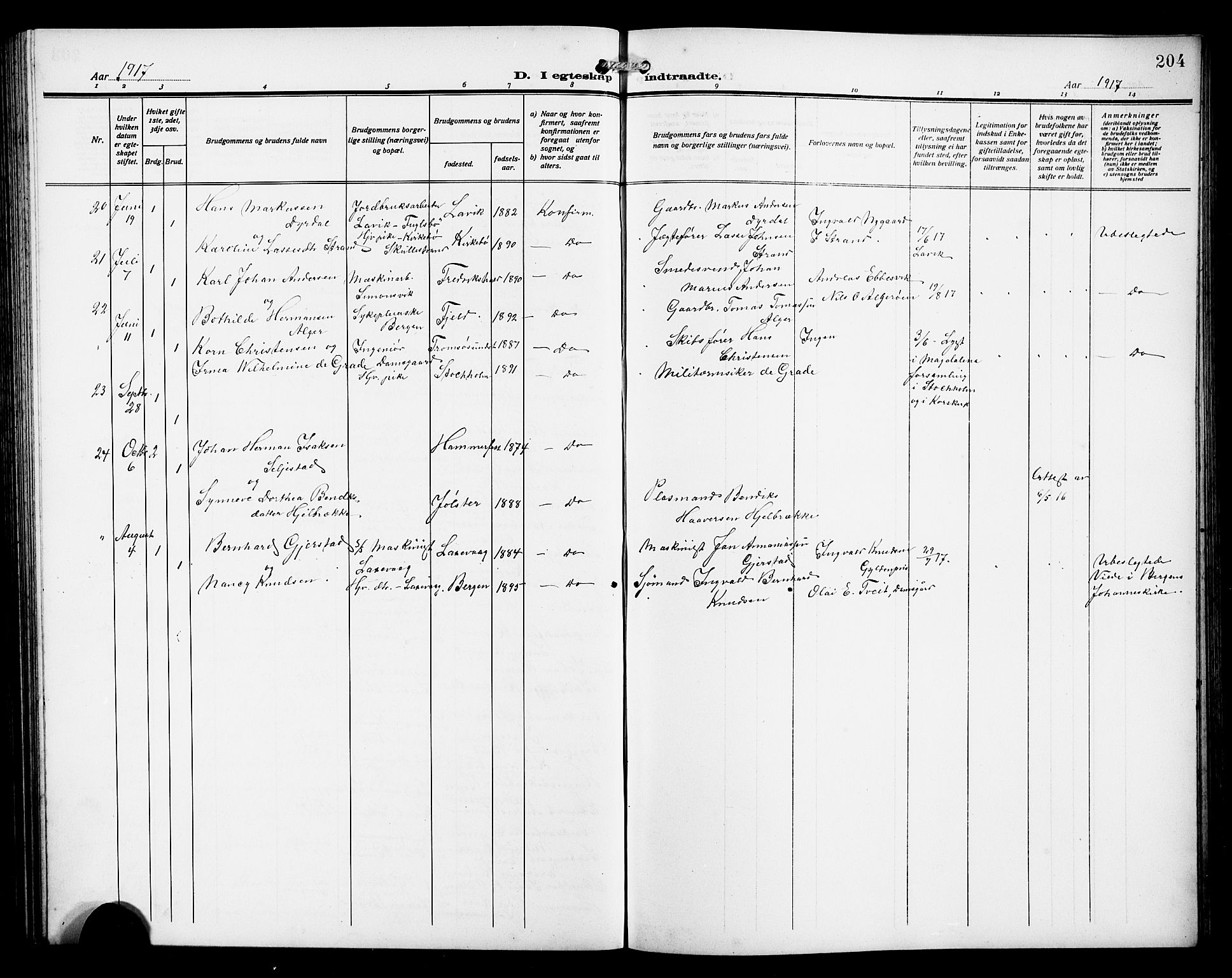 Laksevåg Sokneprestembete, SAB/A-76501/H/Ha/Hab/Haba/L0005: Parish register (copy) no. A 5, 1910-1917, p. 204
