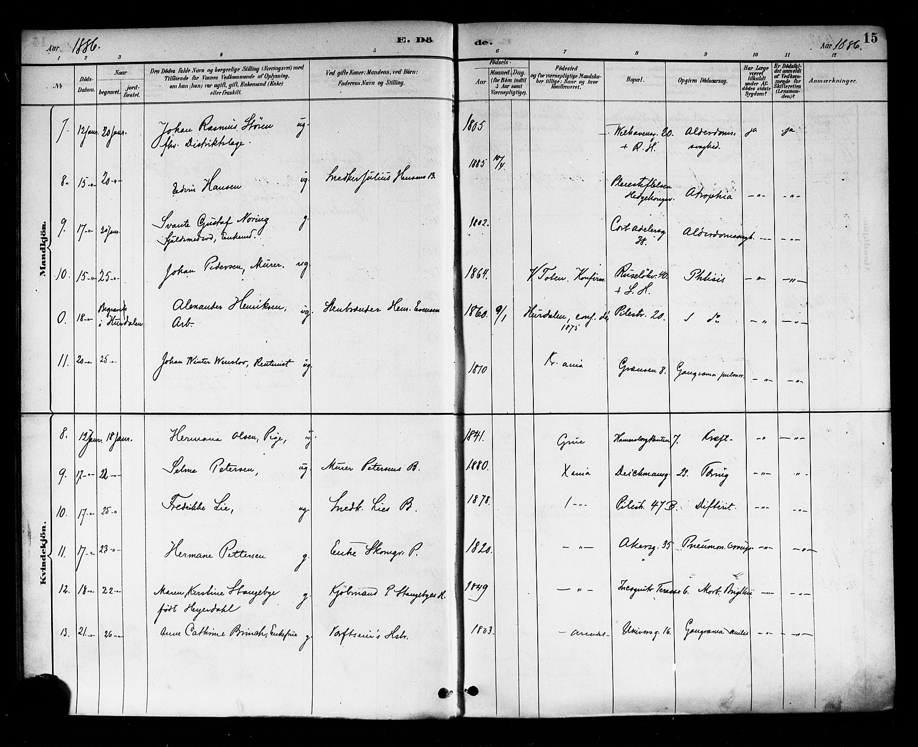 Trefoldighet prestekontor Kirkebøker, AV/SAO-A-10882/F/Fd/L0003: Parish register (official) no. IV 3, 1885-1896, p. 15