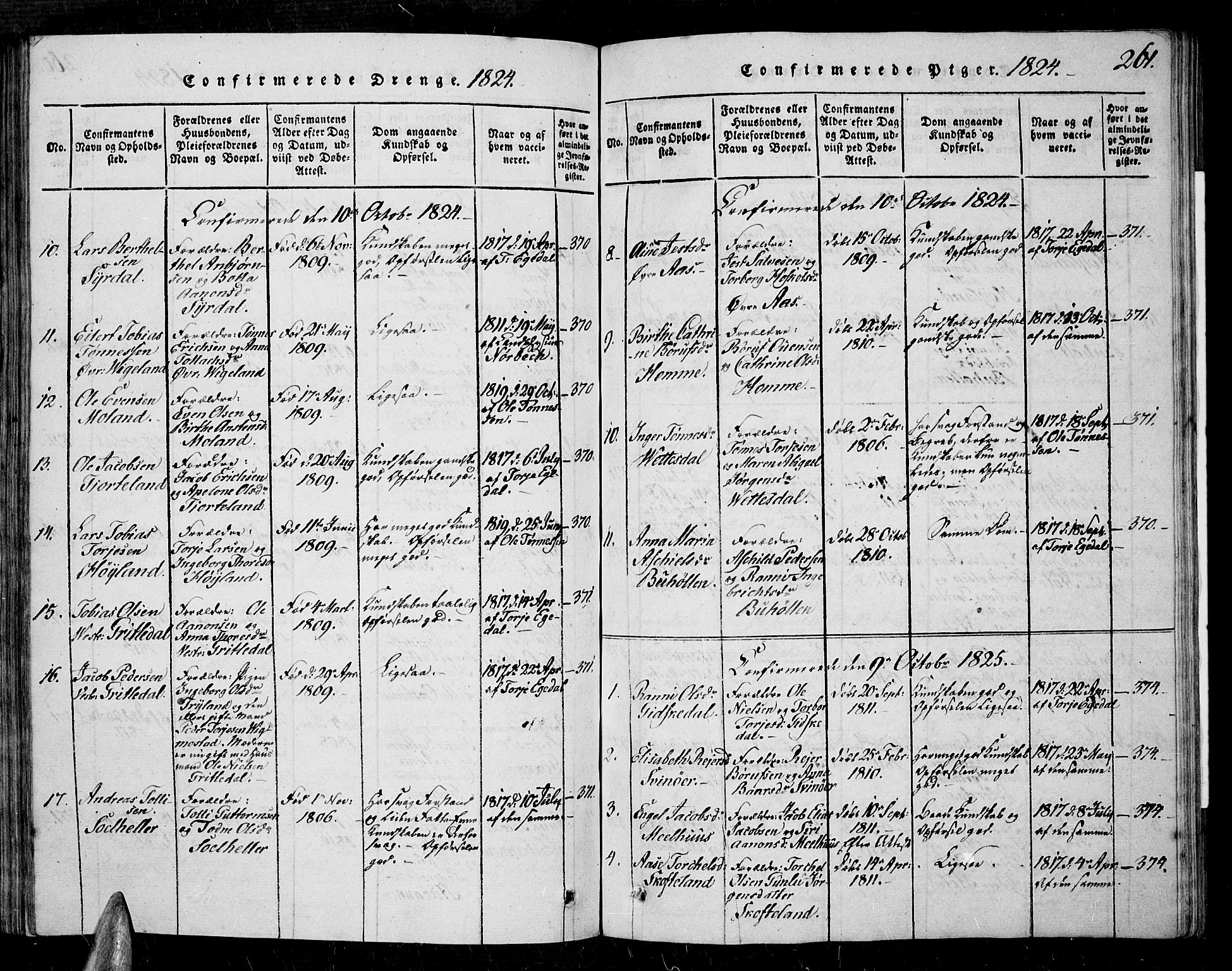 Sør-Audnedal sokneprestkontor, SAK/1111-0039/F/Fa/Fab/L0005: Parish register (official) no. A 5, 1816-1830, p. 261
