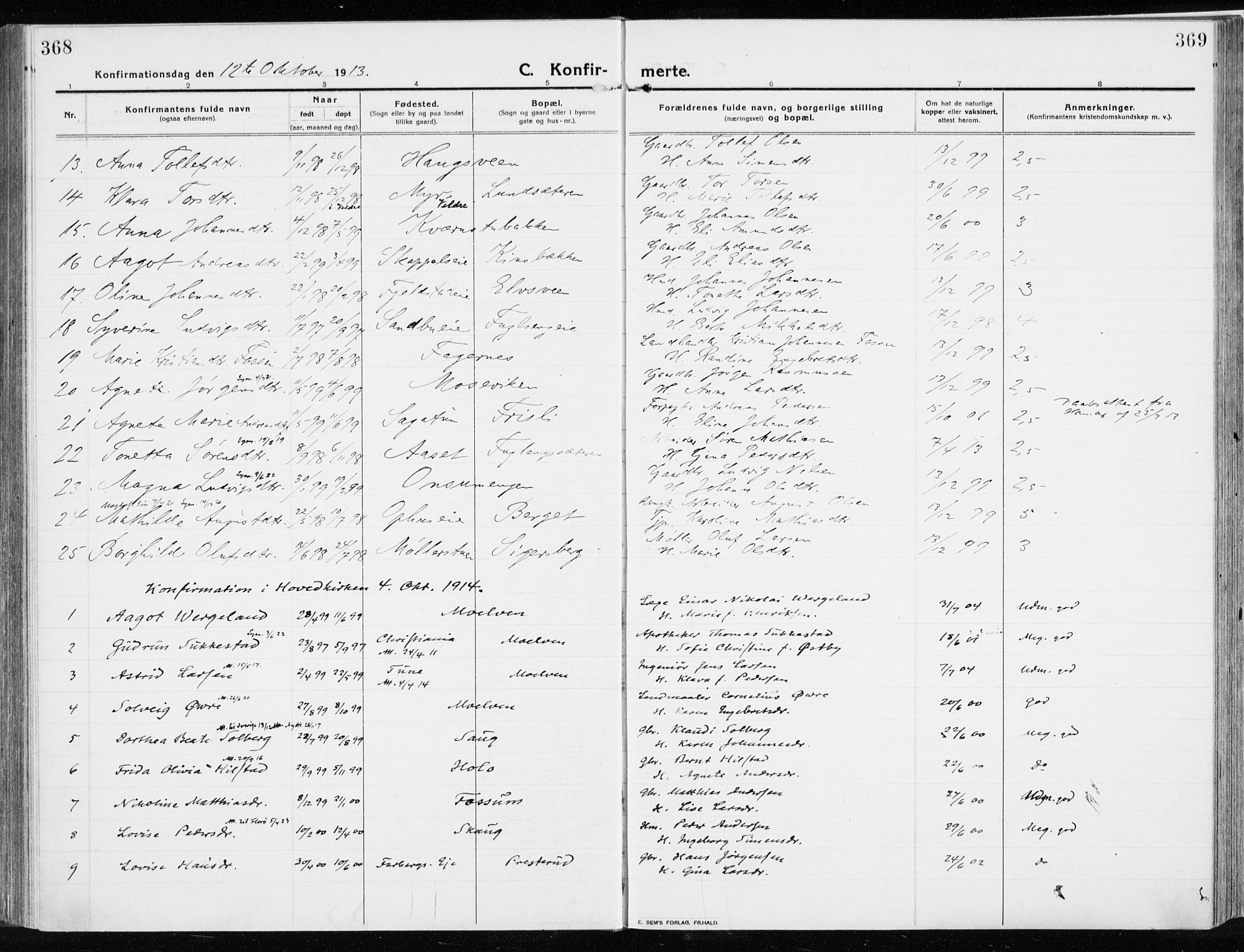 Ringsaker prestekontor, AV/SAH-PREST-014/K/Ka/L0020: Parish register (official) no. 20, 1913-1922, p. 368-369