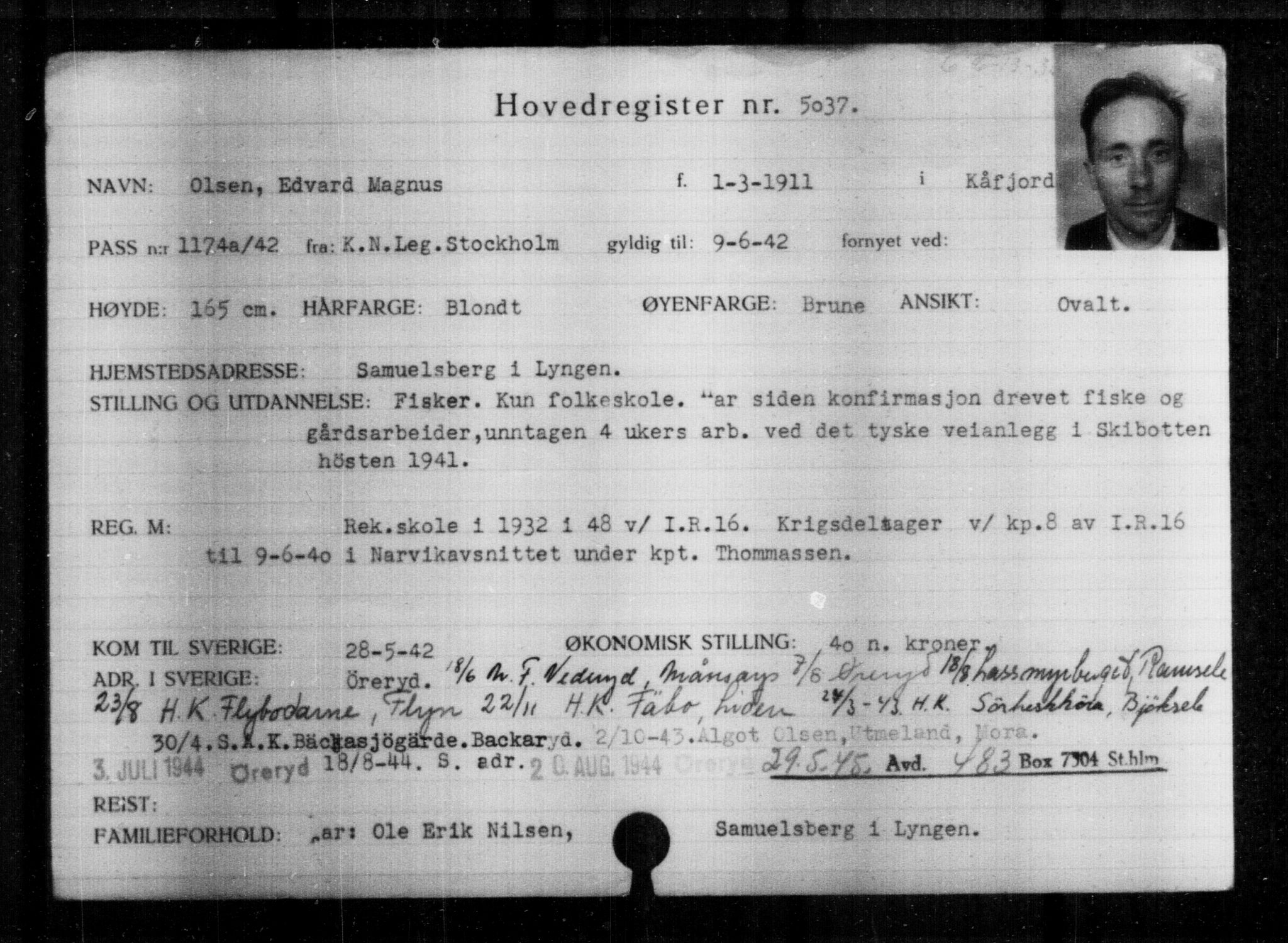 Utenriksstasjonene, Legasjonen i Stockholm, Flyktningkontoret, AV/RA-S-6753/V/Va/L0004: Kjesäterkartoteket, flyktninger med registreringsnr. 3496-6610, 1940-1945, p. 1824