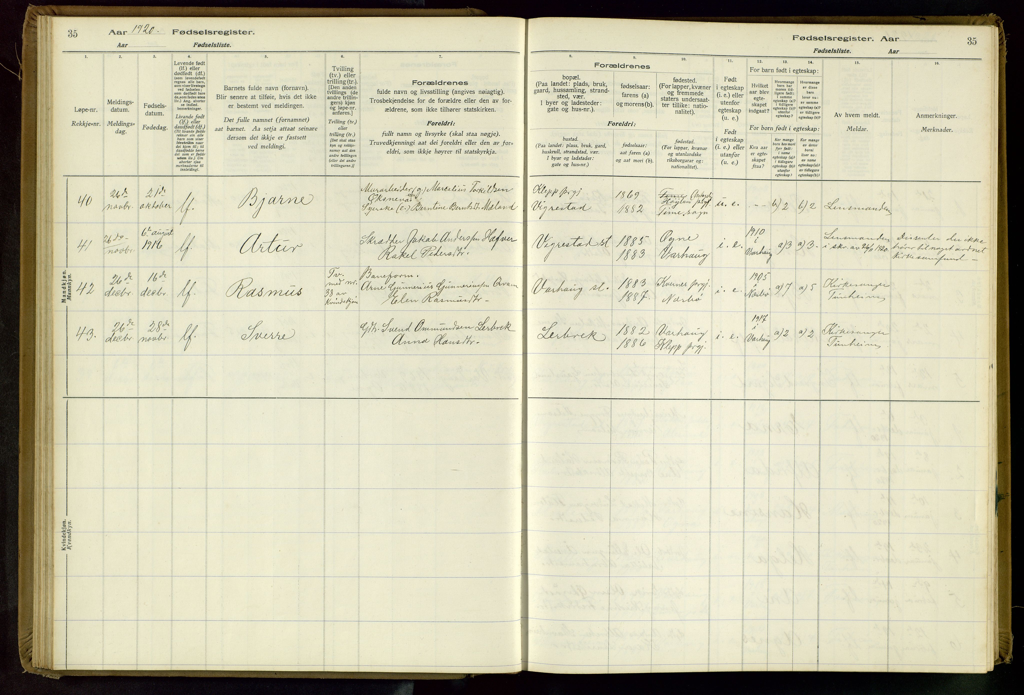 Hå sokneprestkontor, AV/SAST-A-101801/001/704BA/L0001: Birth register no. 1, 1916-1944, p. 35