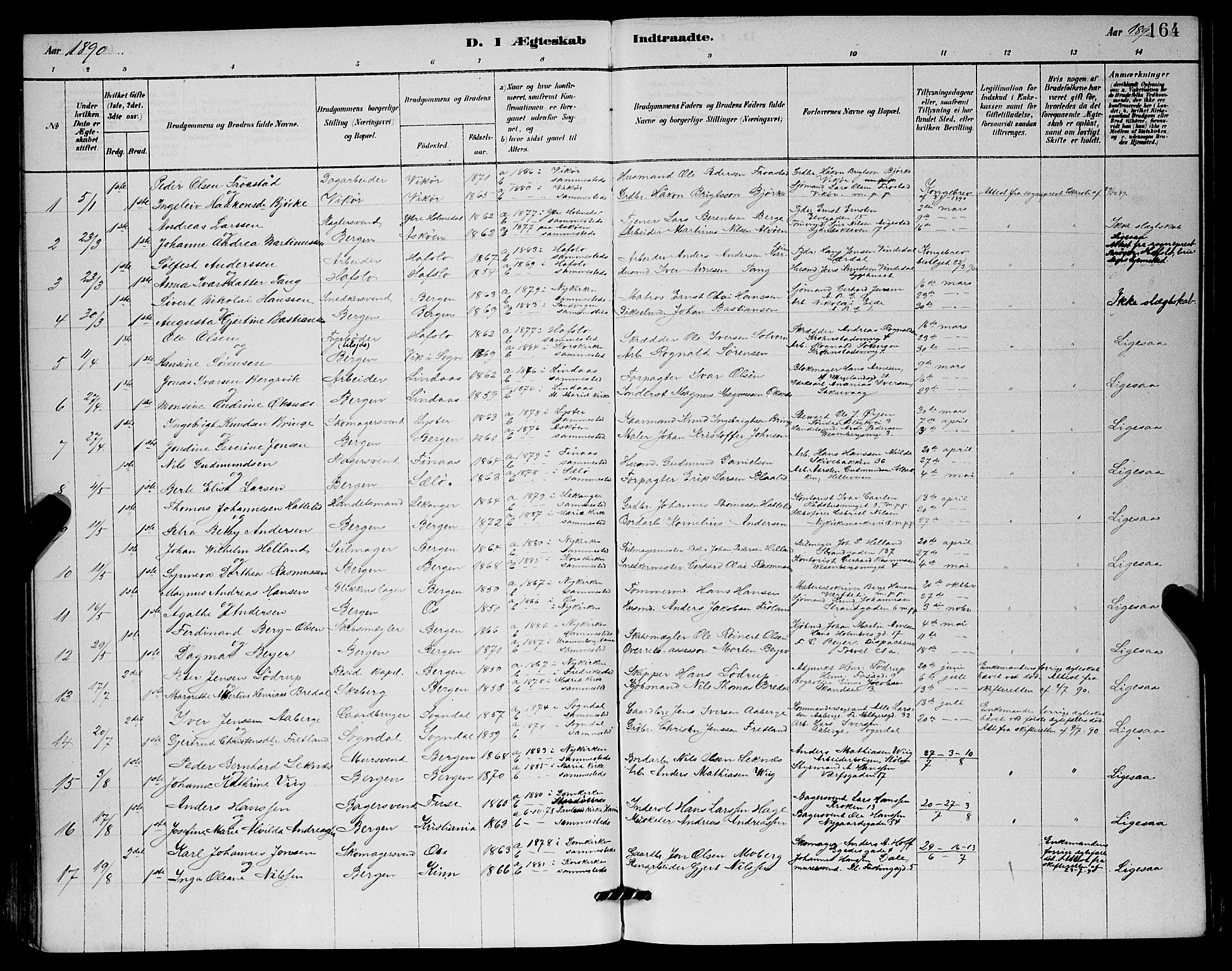 Mariakirken Sokneprestembete, SAB/A-76901/H/Hab/L0004: Parish register (copy) no. A 4, 1878-1892, p. 164