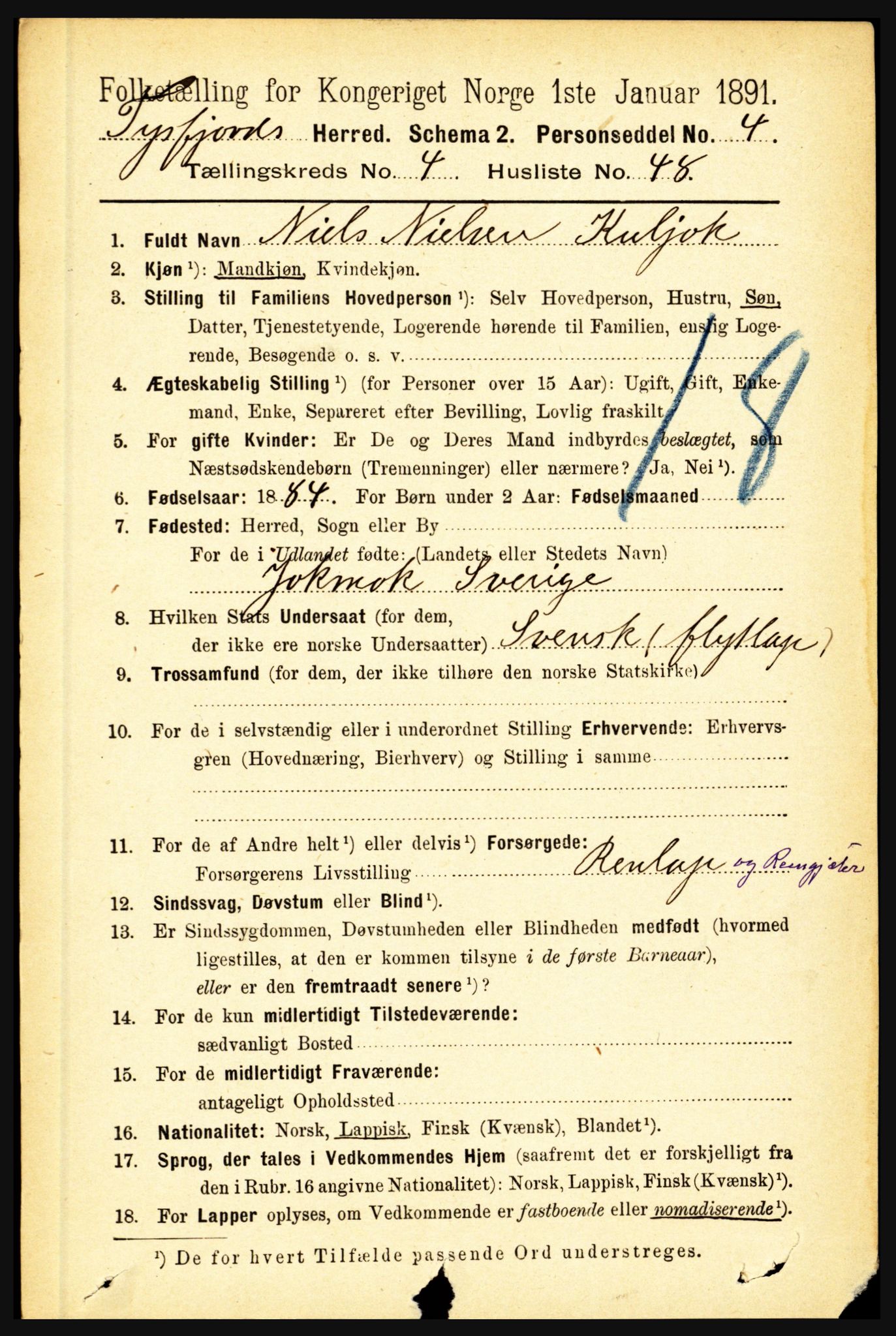 RA, 1891 census for 1850 Tysfjord, 1891, p. 1708