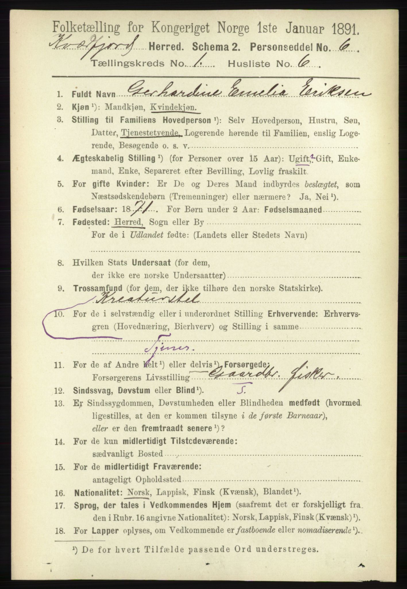 RA, 1891 census for 1911 Kvæfjord, 1891, p. 139