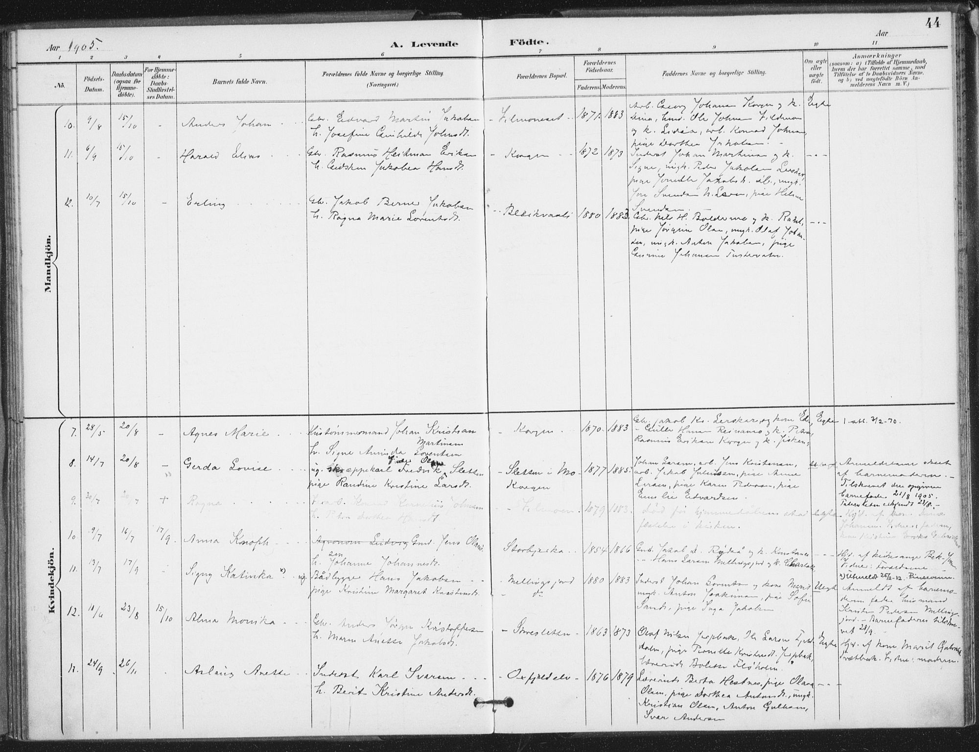 Ministerialprotokoller, klokkerbøker og fødselsregistre - Nordland, AV/SAT-A-1459/826/L0380: Parish register (official) no. 826A03, 1891-1911, p. 44