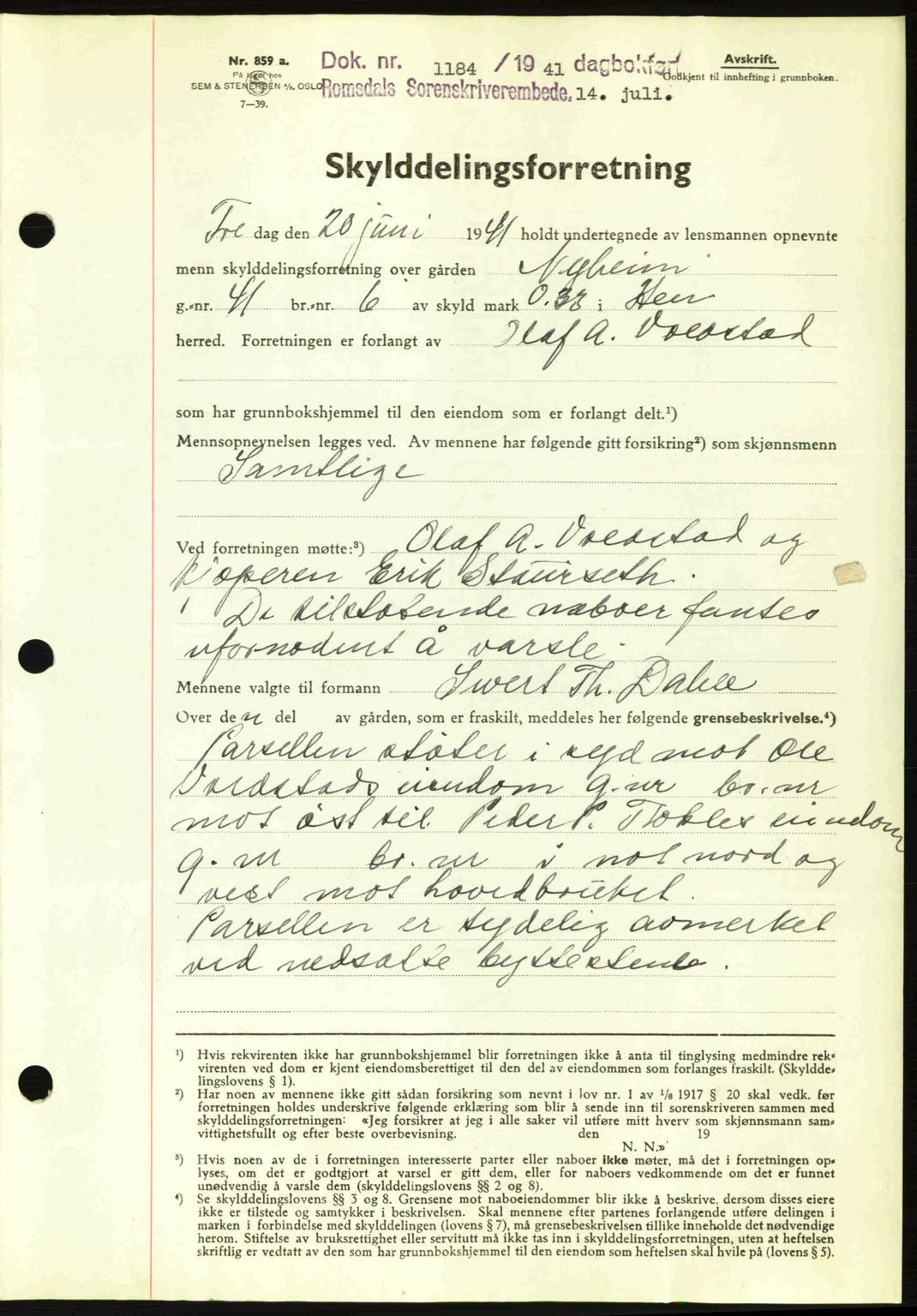 Romsdal sorenskriveri, AV/SAT-A-4149/1/2/2C: Mortgage book no. A10, 1941-1941, Diary no: : 1184/1941