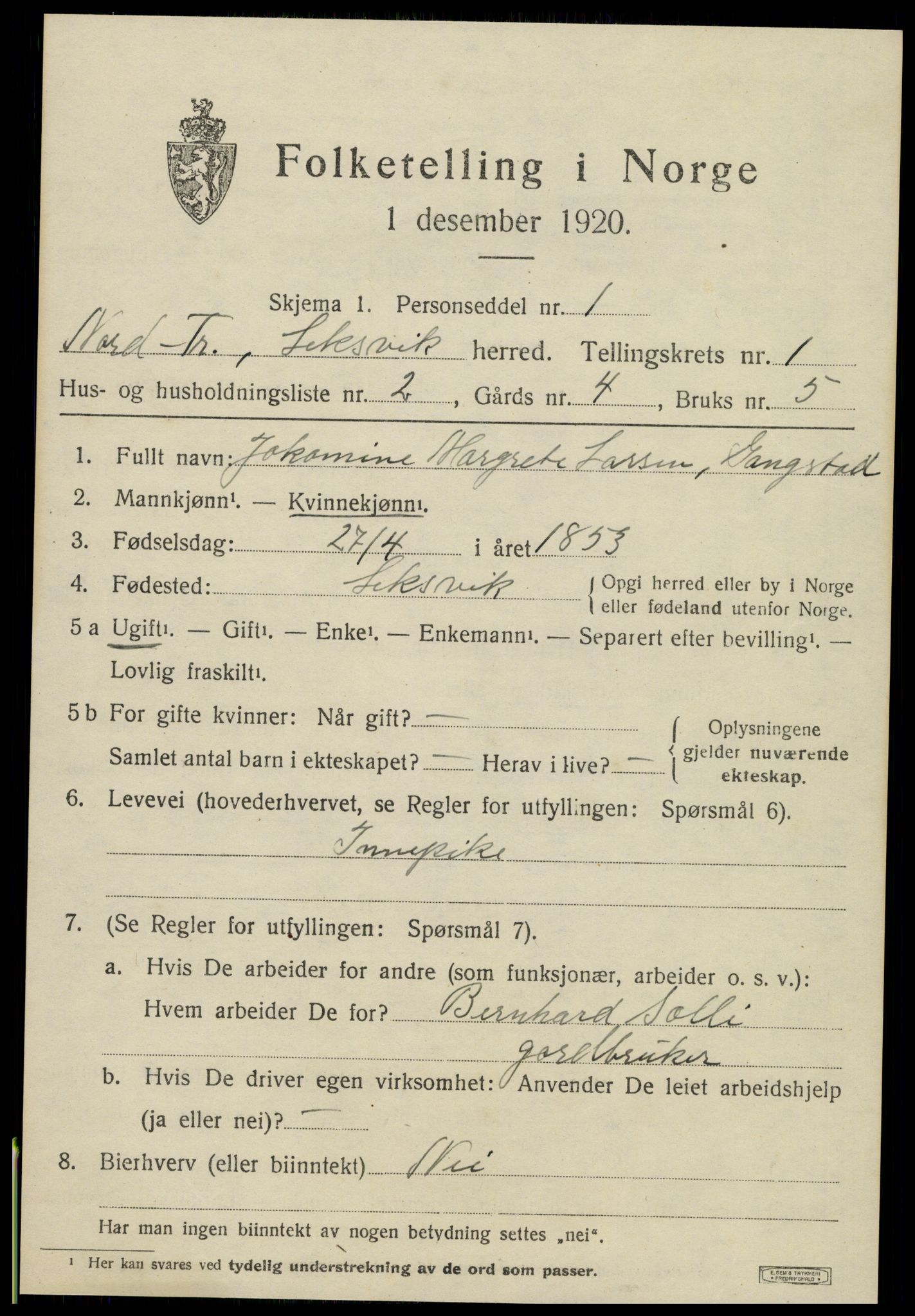 SAT, 1920 census for Leksvik, 1920, p. 1124