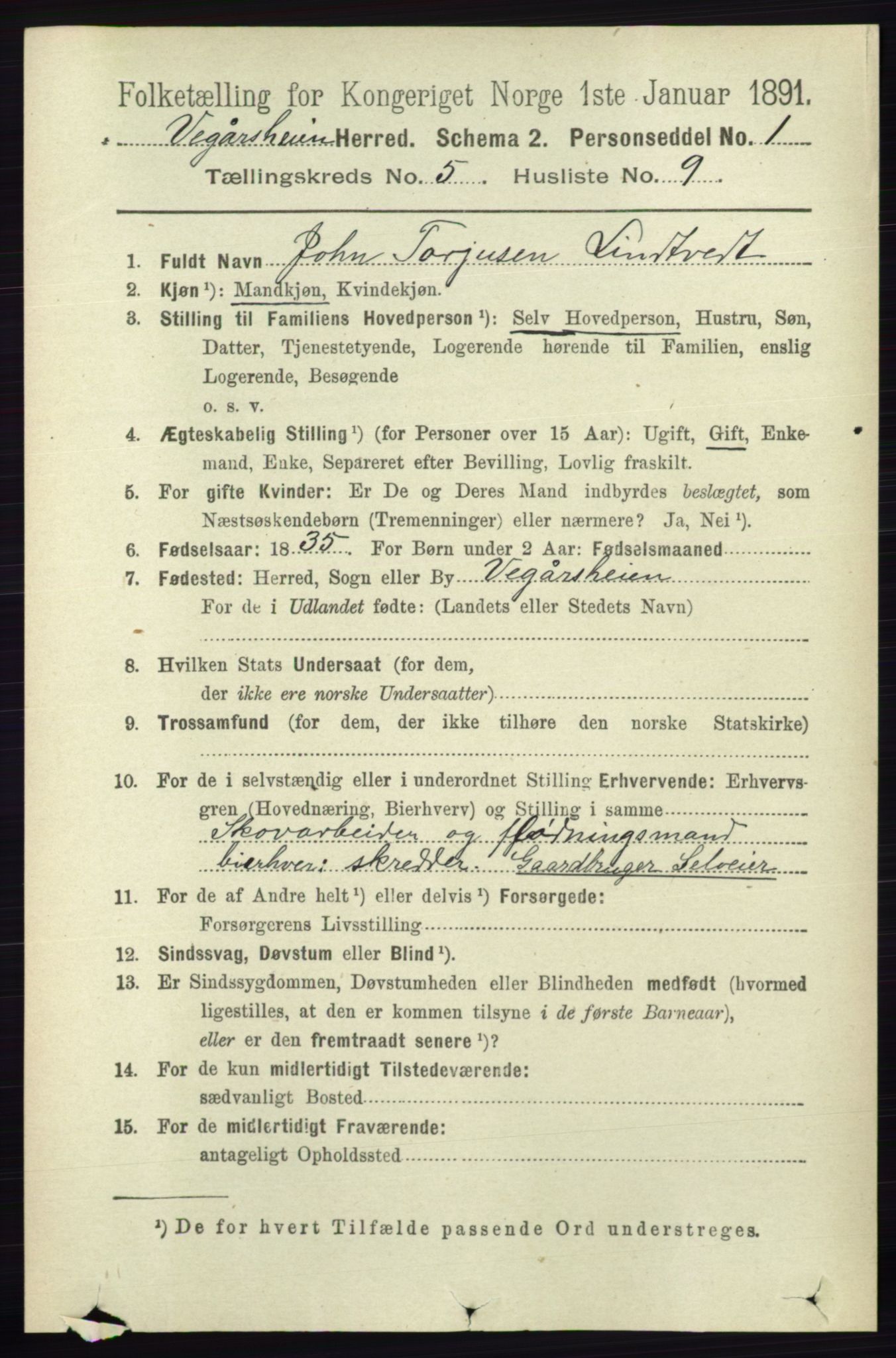 RA, 1891 census for 0912 Vegårshei, 1891, p. 1040