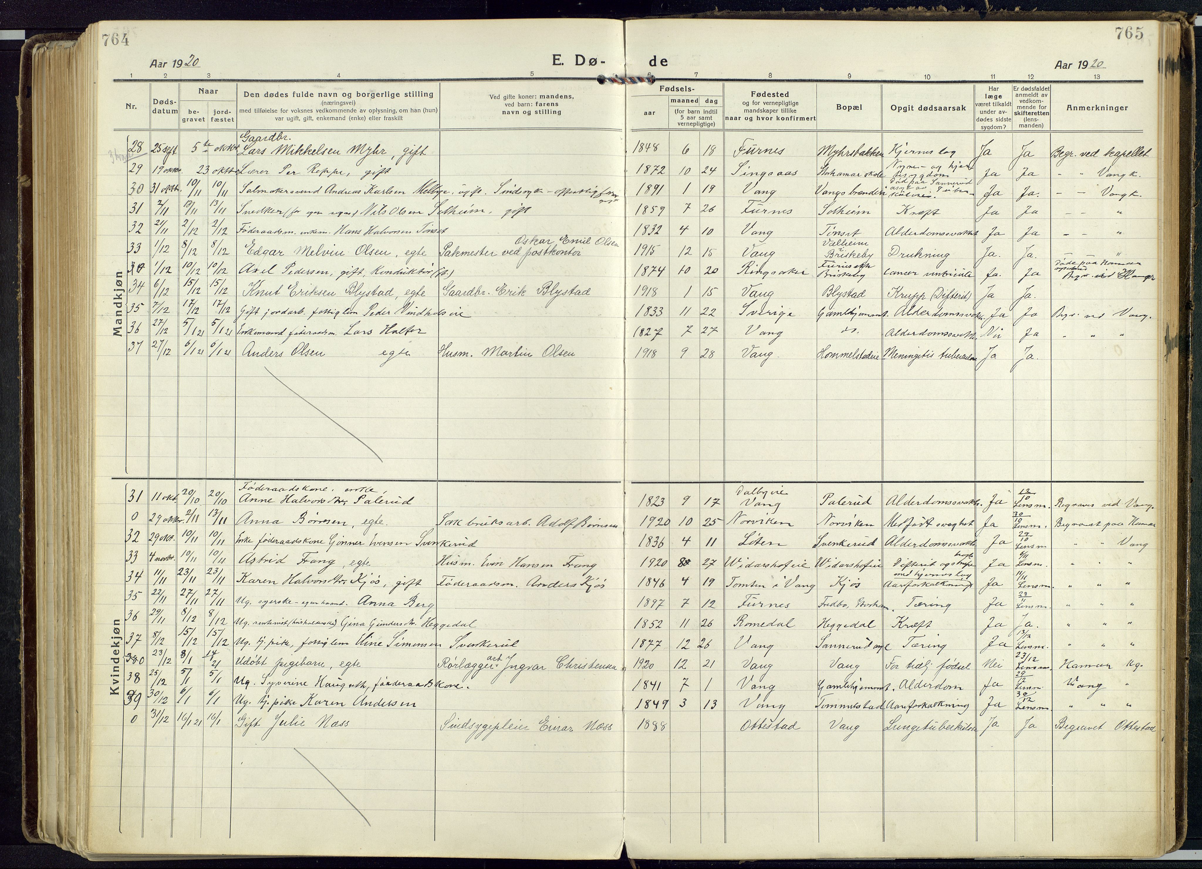 Vang prestekontor, Hedmark, AV/SAH-PREST-008/H/Ha/Haa/L0022: Parish register (official) no. 22, 1918-1944, p. 764-765