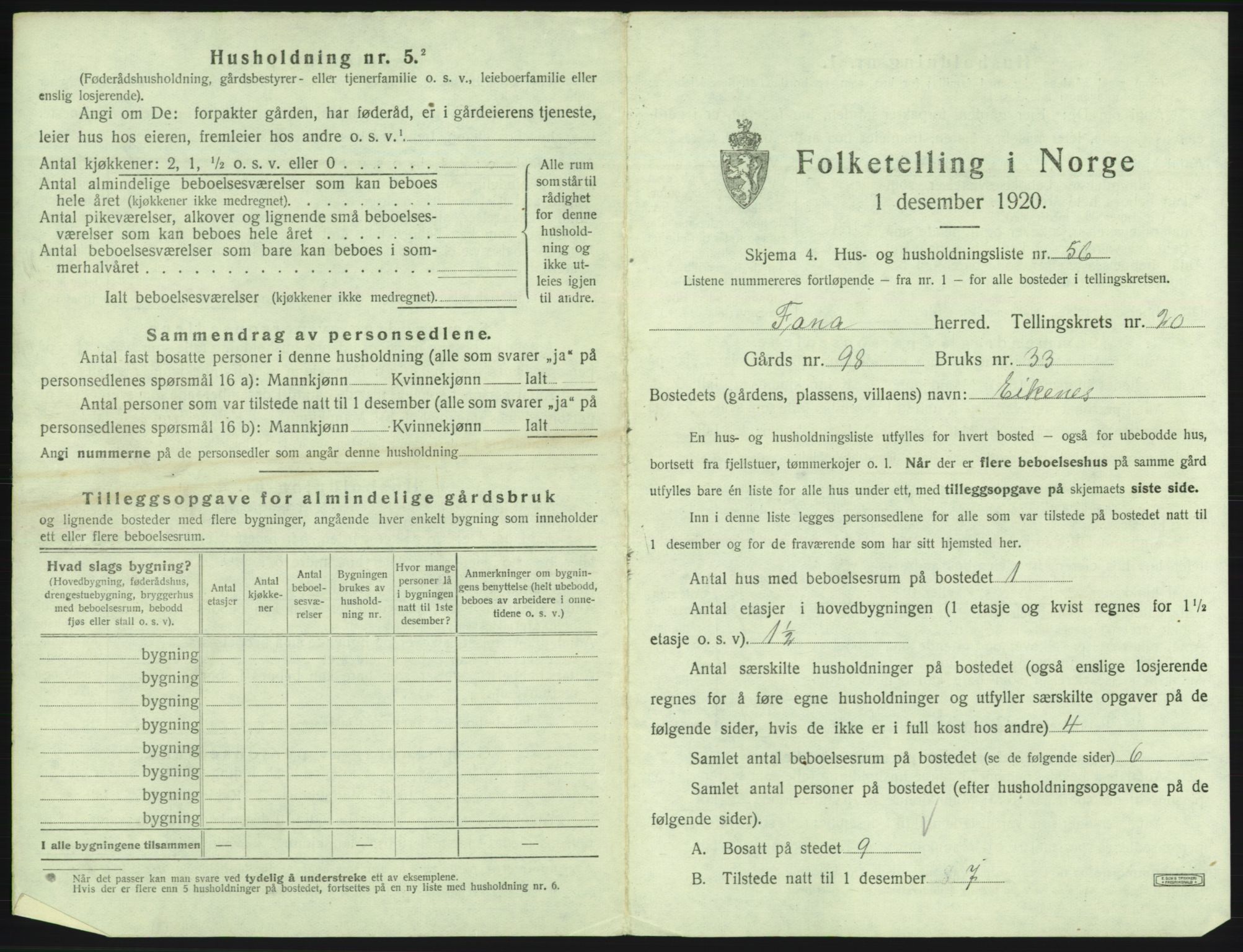 SAB, 1920 census for Fana, 1920, p. 3033