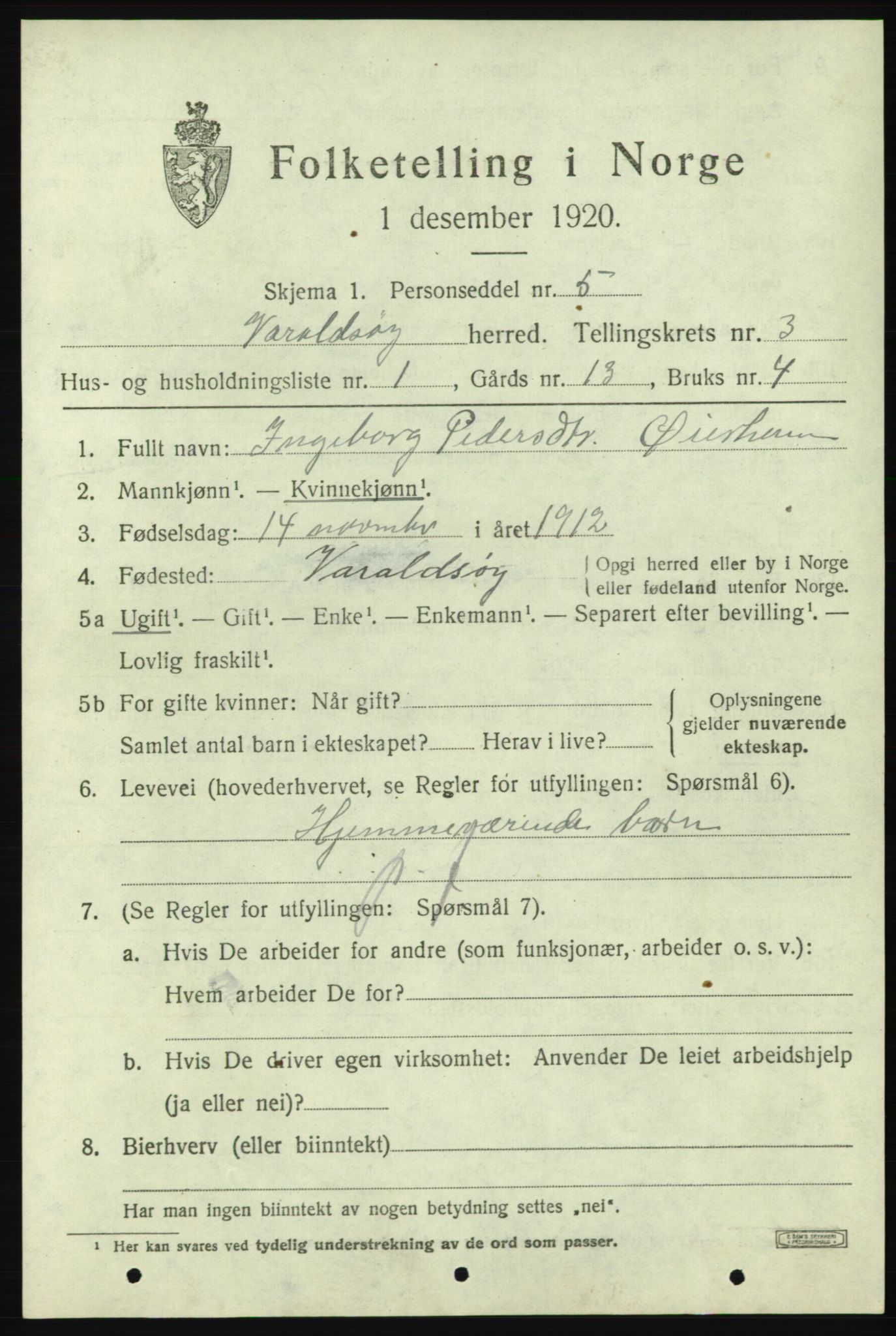 SAB, 1920 census for Varaldsøy, 1920, p. 1269