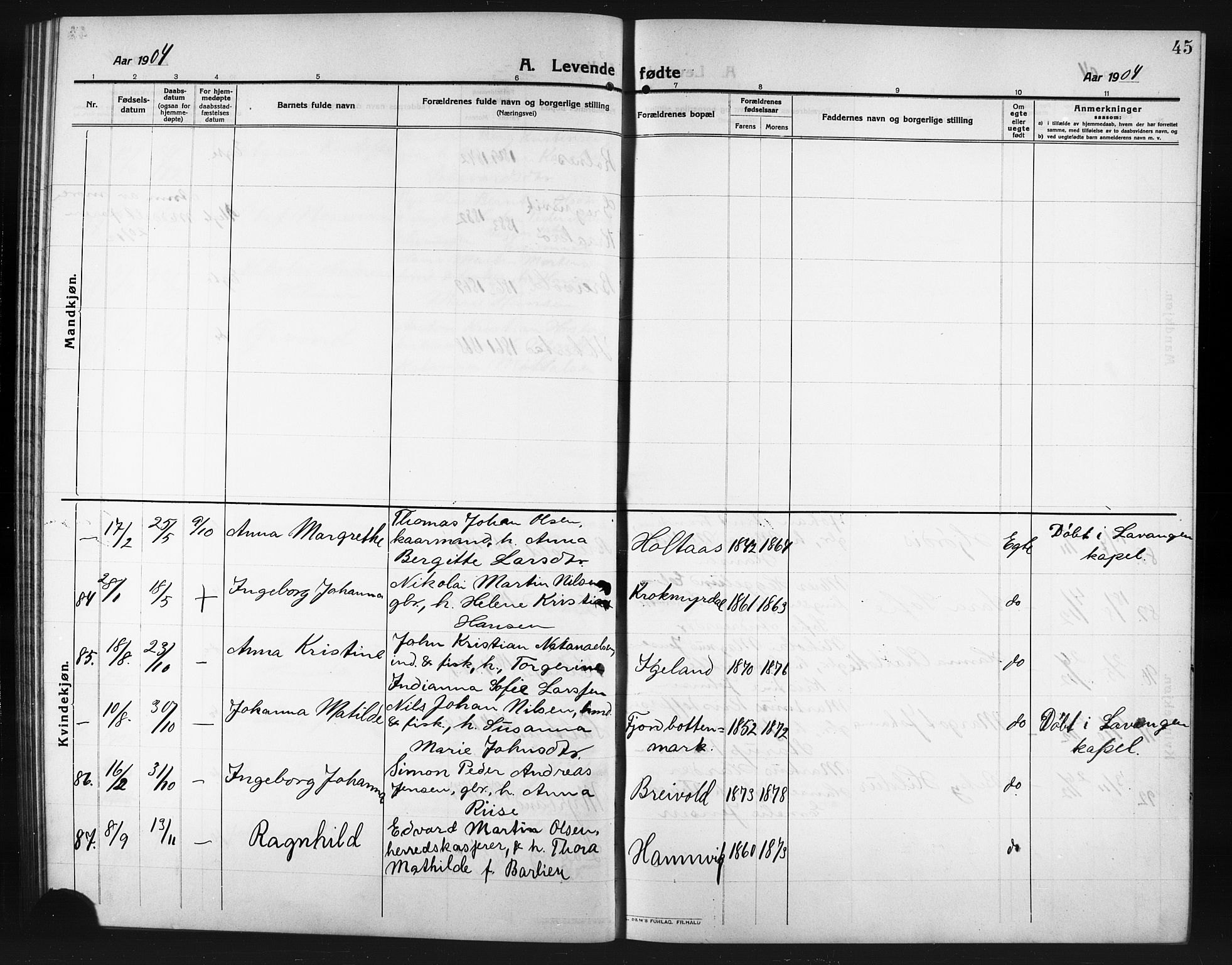 Ibestad sokneprestembete, SATØ/S-0077/H/Ha/Hab/L0009klokker: Parish register (copy) no. 9, 1902-1914, p. 45