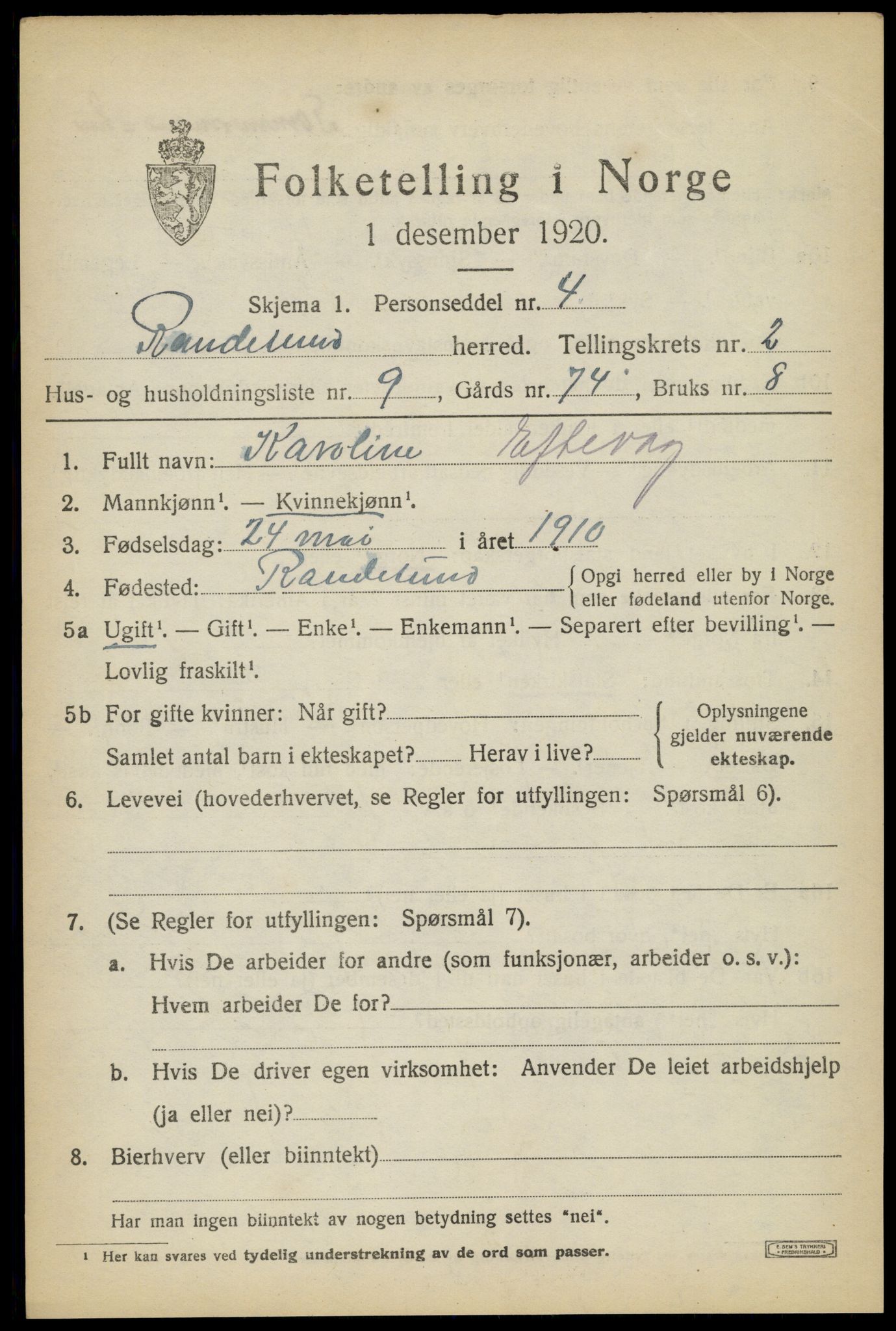 SAK, 1920 census for Randesund, 1920, p. 1168