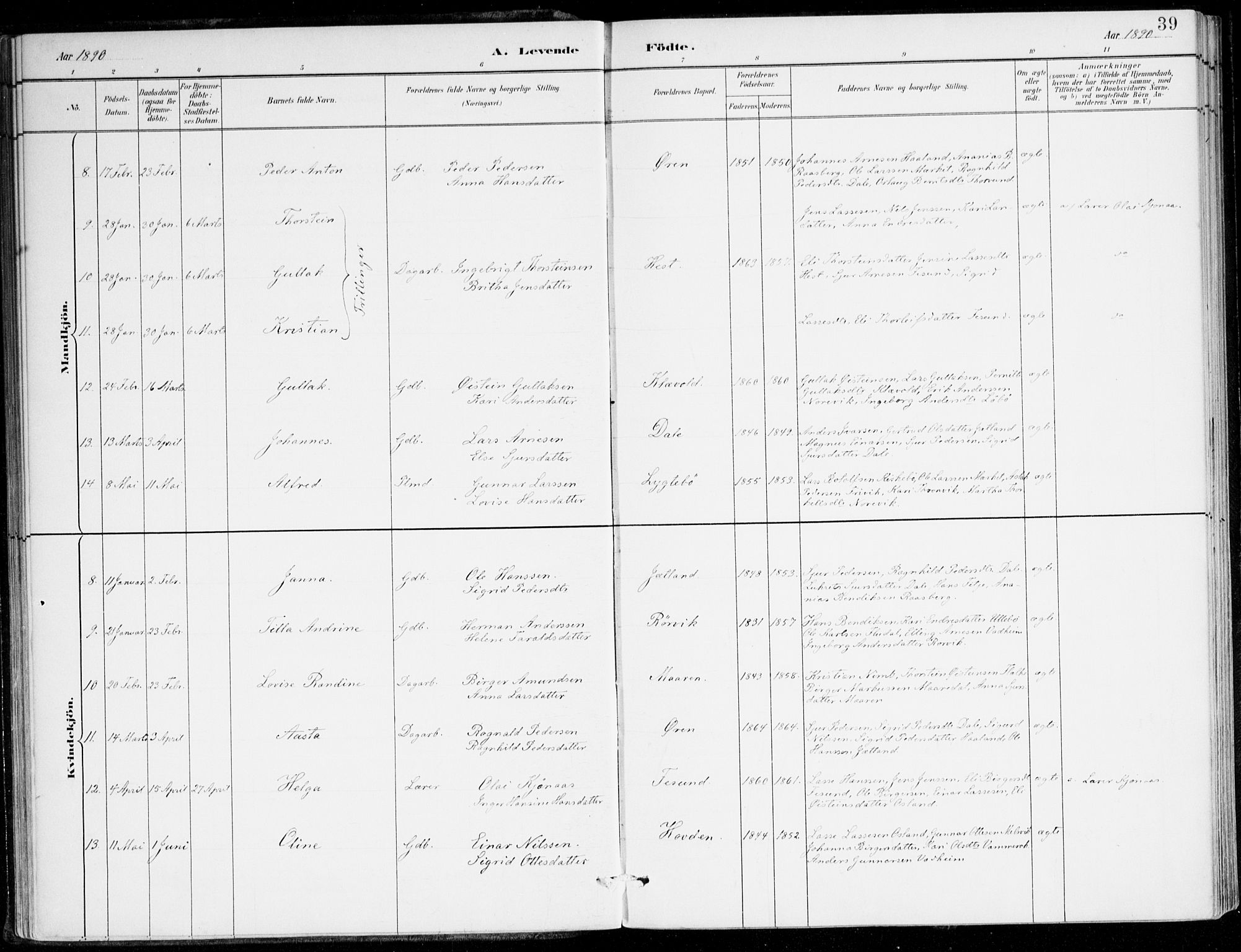 Lavik sokneprestembete, AV/SAB-A-80901: Parish register (official) no. C 1, 1882-1904, p. 39