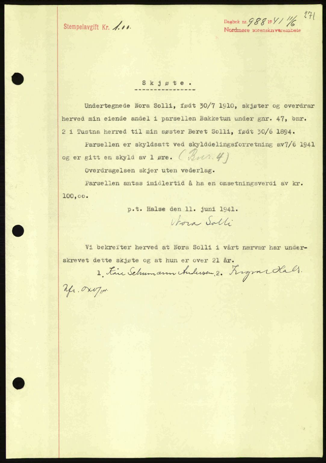 Nordmøre sorenskriveri, SAT/A-4132/1/2/2Ca: Mortgage book no. A90, 1941-1941, Diary no: : 988/1941