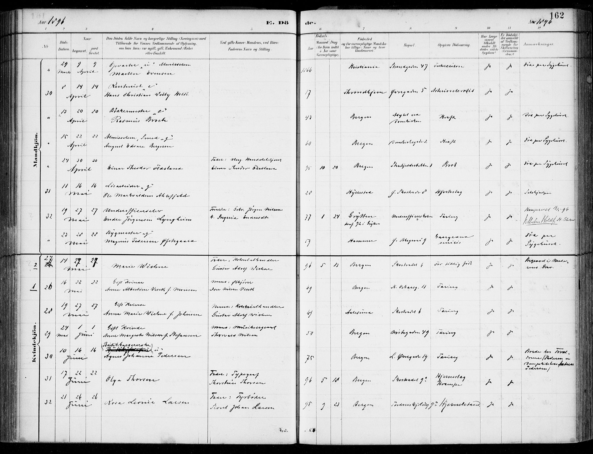 Korskirken sokneprestembete, AV/SAB-A-76101/H/Hab: Parish register (copy) no. E 4, 1884-1910, p. 162