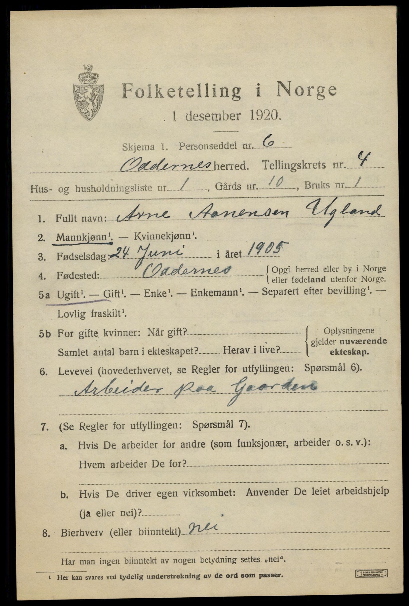 SAK, 1920 census for Oddernes, 1920, p. 4069