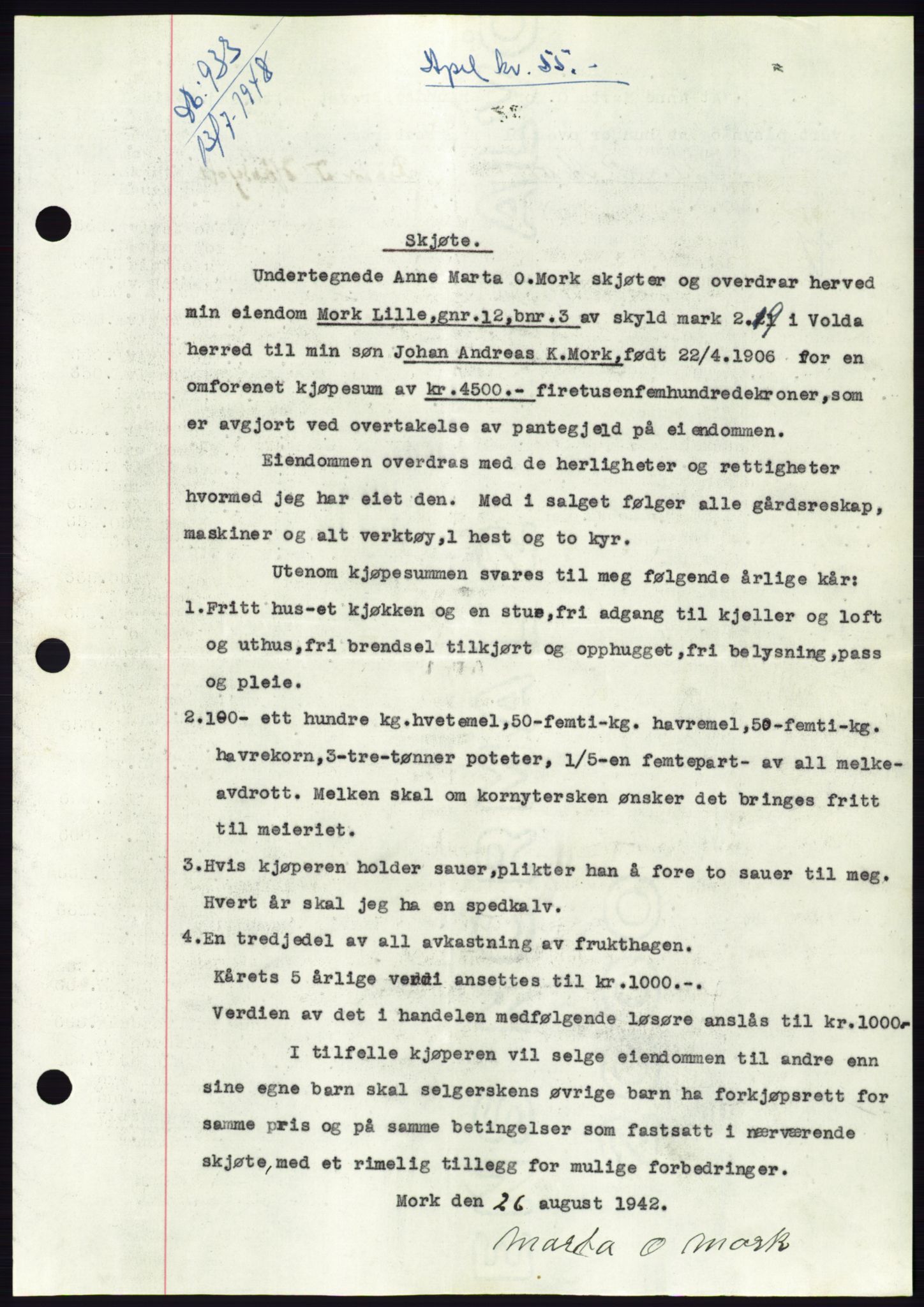 Søre Sunnmøre sorenskriveri, AV/SAT-A-4122/1/2/2C/L0082: Mortgage book no. 8A, 1948-1948, Diary no: : 933/1948