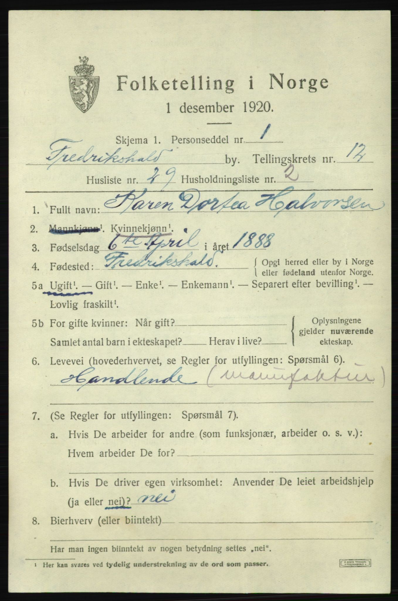 SAO, 1920 census for Fredrikshald, 1920, p. 20539