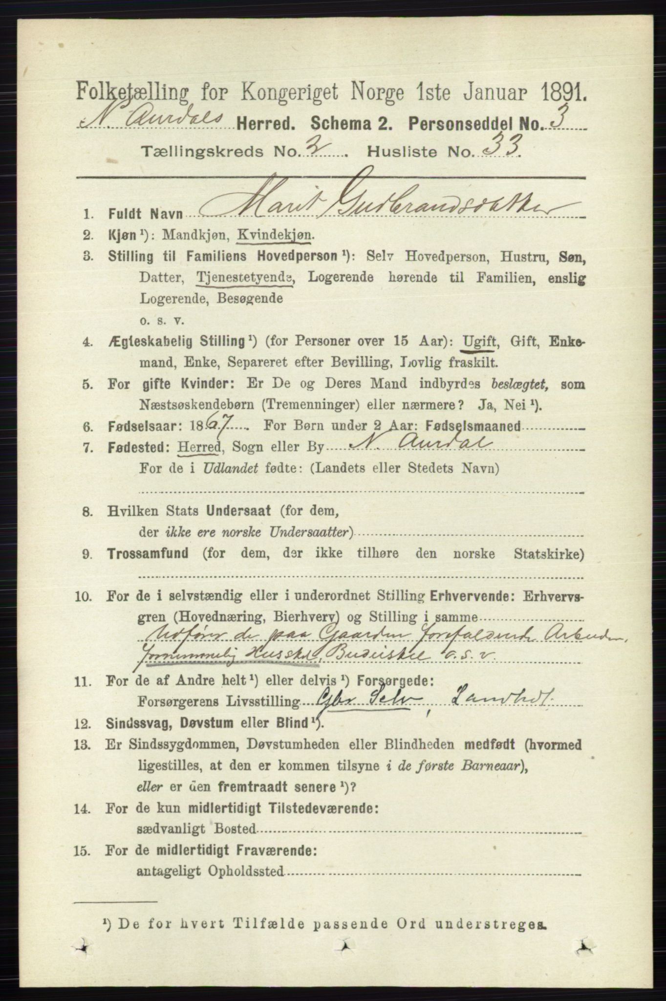 RA, 1891 census for 0542 Nord-Aurdal, 1891, p. 756