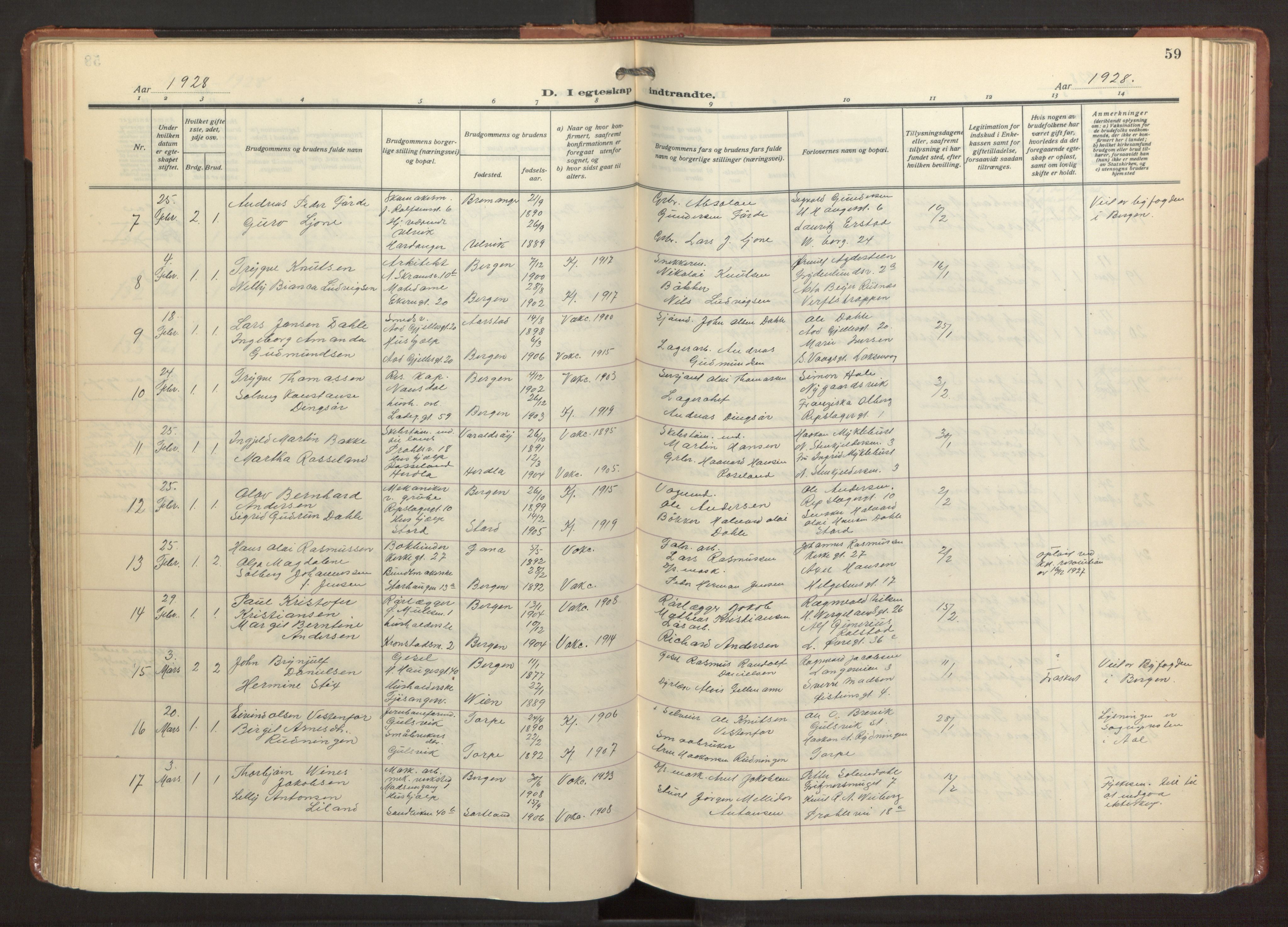 Sandviken Sokneprestembete, AV/SAB-A-77601/H/Ha/L0016: Parish register (official) no. D 3, 1923-1940, p. 59