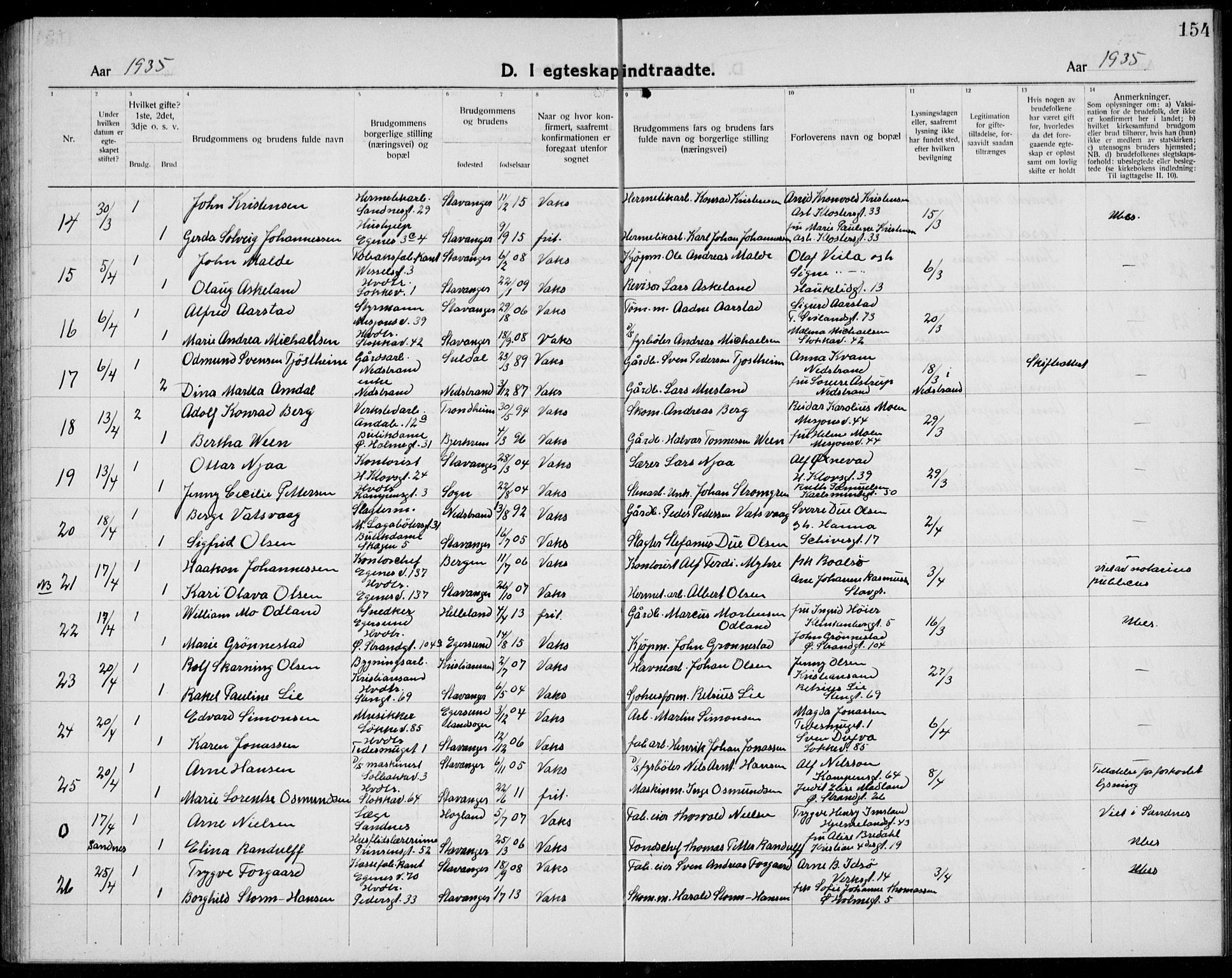 Domkirken sokneprestkontor, AV/SAST-A-101812/001/30/30BB/L0020: Parish register (copy) no. B 20, 1921-1937, p. 154