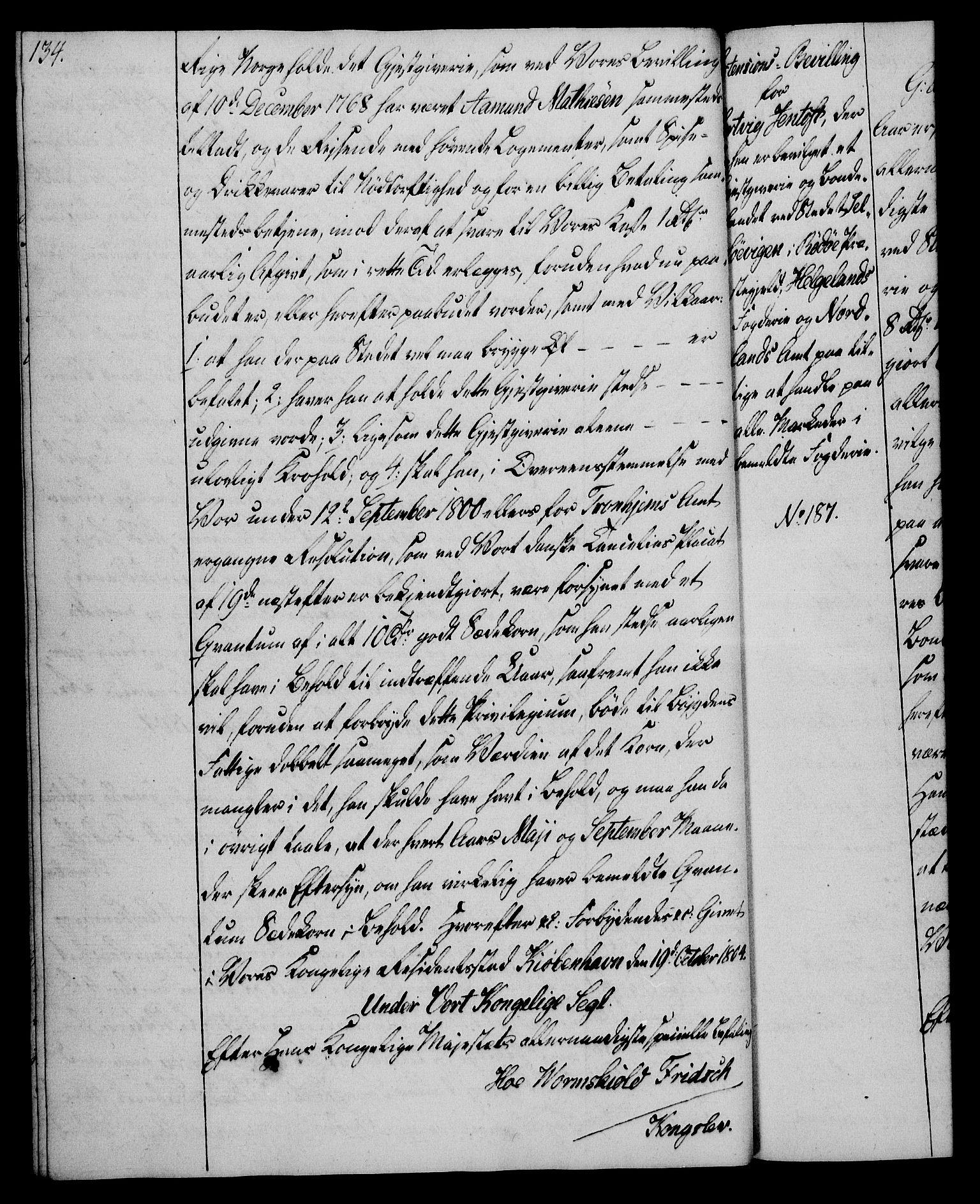 Rentekammeret, Kammerkanselliet, RA/EA-3111/G/Gg/Gga/L0018: Norsk ekspedisjonsprotokoll med register (merket RK 53.18), 1804-1806, p. 134