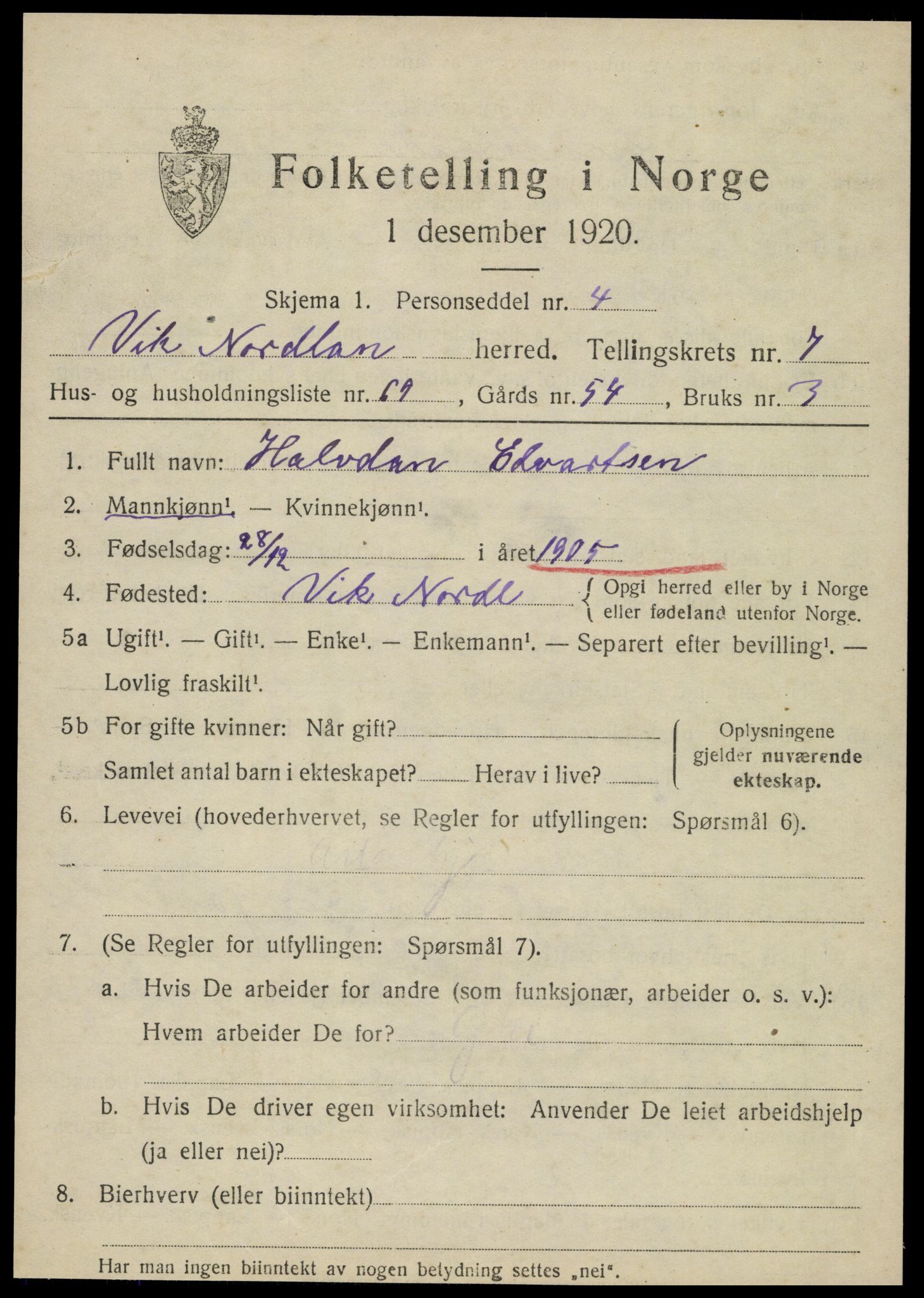 SAT, 1920 census for Vik, 1920, p. 5235