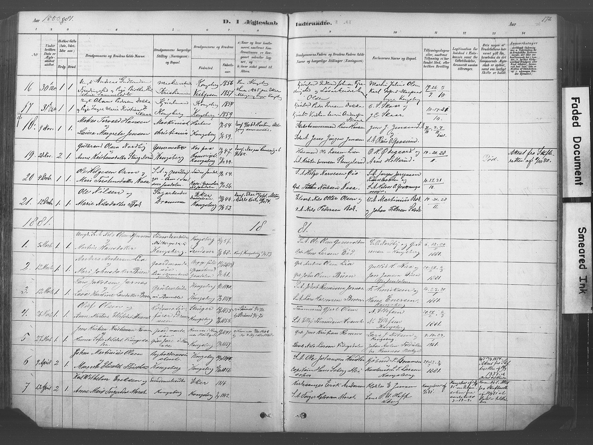 Kongsberg kirkebøker, SAKO/A-22/F/Fb/L0001: Parish register (official) no. II 1, 1878-1886, p. 172