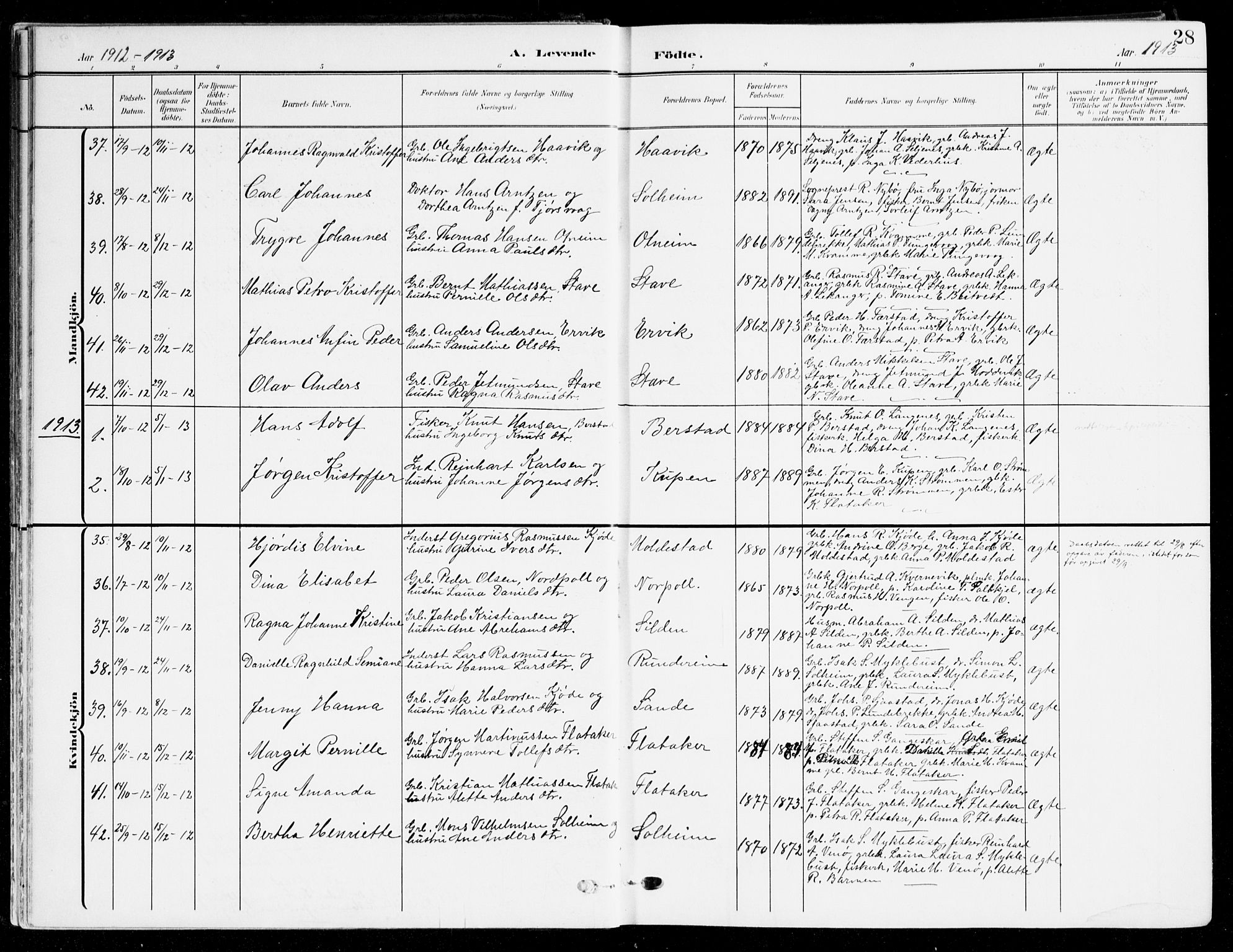 Selje sokneprestembete, SAB/A-99938/H/Ha/Haa/Haab: Parish register (official) no. B 3, 1908-1923, p. 28