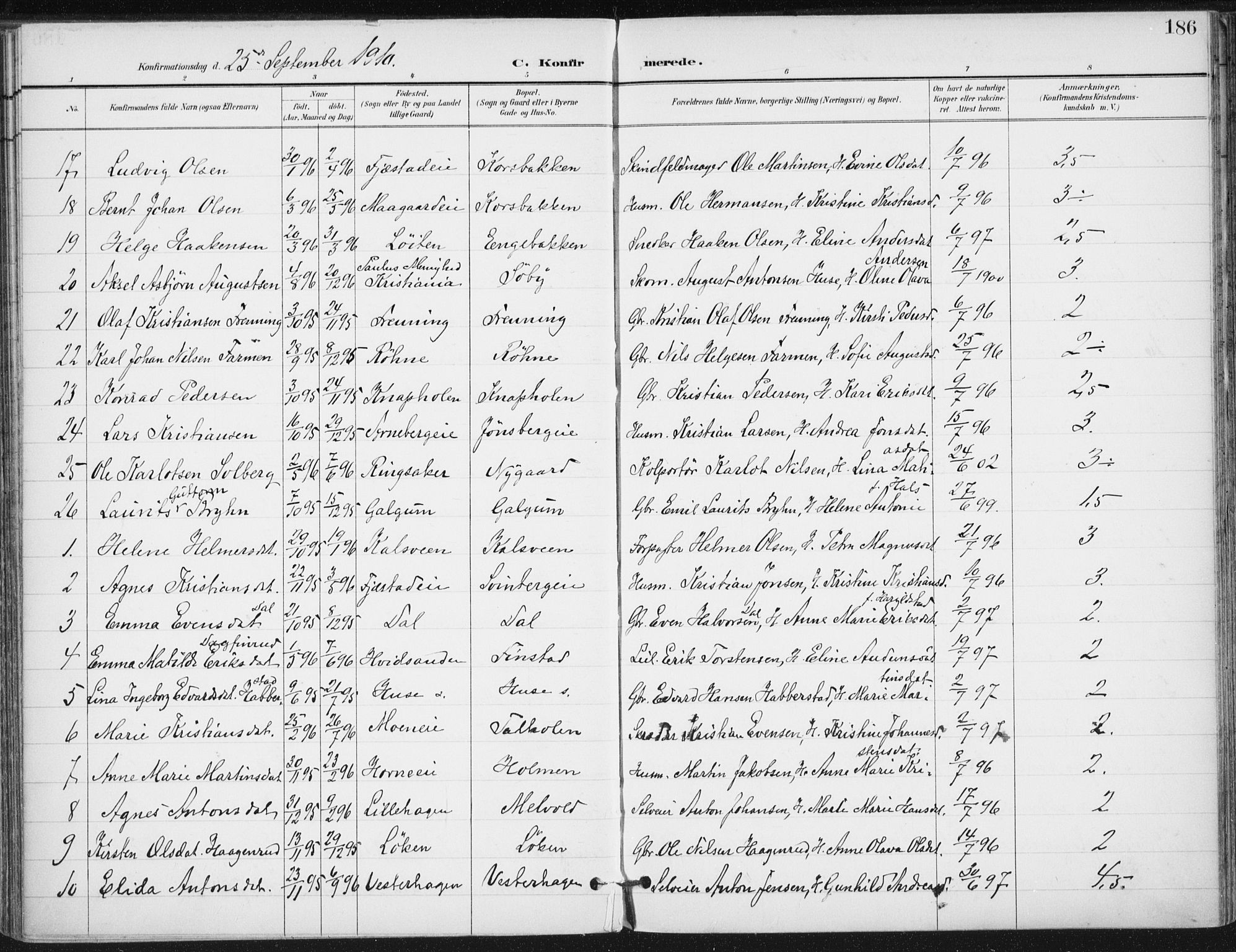 Romedal prestekontor, AV/SAH-PREST-004/K/L0011: Parish register (official) no. 11, 1896-1912, p. 186