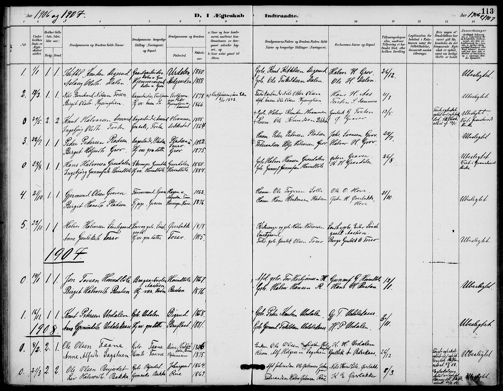 Gransherad kirkebøker, SAKO/A-267/F/Fb/L0005: Parish register (official) no. II 5, 1887-1916, p. 113